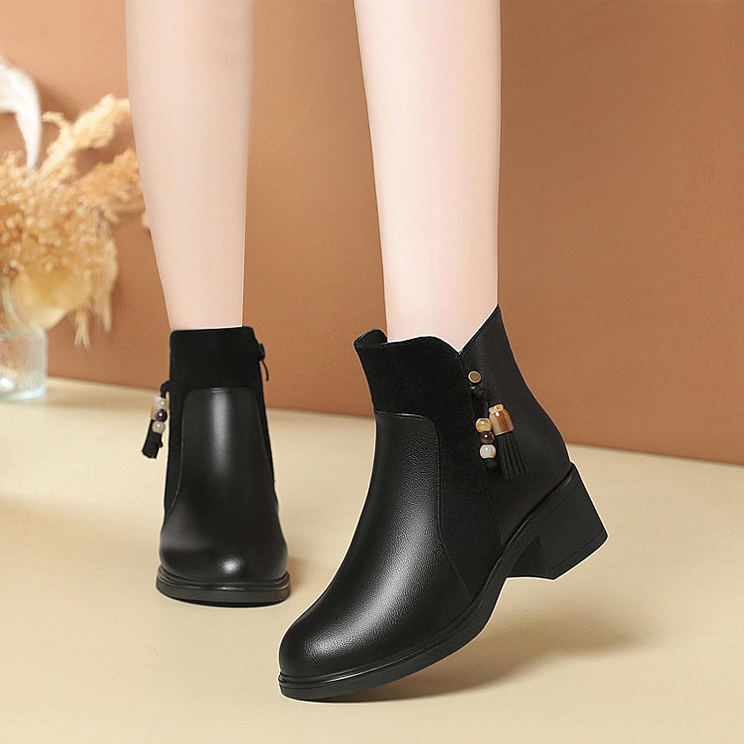 Women's Leather Side Zipper Mid Chunky Heel Winter Ankle Boots Comfortable Round Toe Warm Fur Lined Soft Sole Non-slip Booties with Tassel Dec Fashion Dress Ankle Booties - Image 3