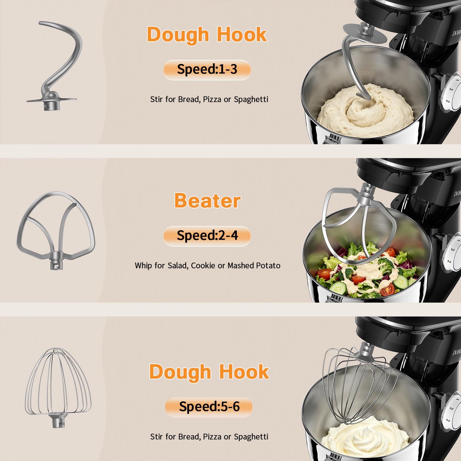Pâtissier, DOBBOR 1500W Robot Batteur Patisserie avec Fouet, Batteur, Crochet, Bol d'Acier Inoxydable, 7 Vitesses Faible Bruit Patisserie Électrique, Compatible Lave-vaisselle (Noir) (Black)