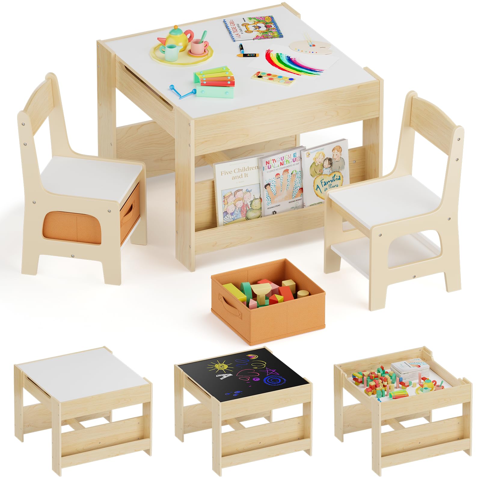 Clevich Kindersitzgruppe Holz mit Stauraum, Kindertisch mit 2 Stühlen, Holz | Tisch & Stühle Set mit Bücherregalen, Kinder Maltisch & Basteltisch, für Kinderzimmer, Spielzimmer, Kindermöbel ab 3 Jahren