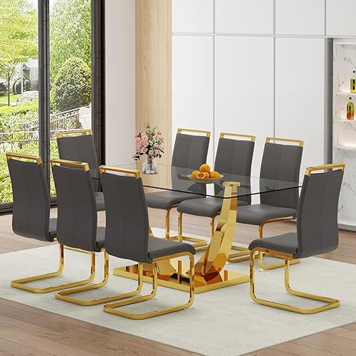 Miniatura 35 de Juego de mesa de comedor de mármol sintético para 6, mesa de comedor moderna de 71 pulgadas para 6, mesa de cocina dorada de lujo y 6 sillas de Mesa