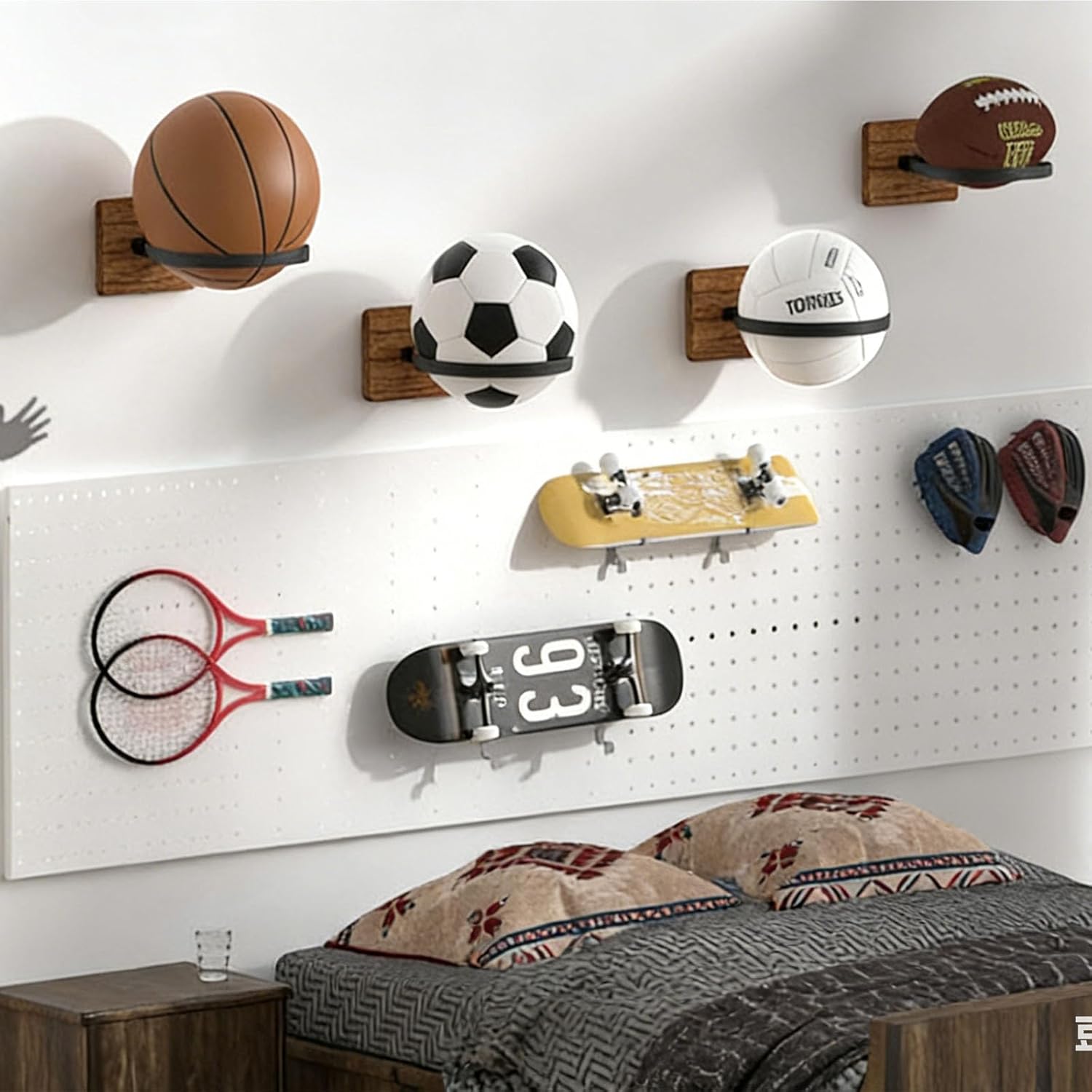 Wall Mount Basketball Holder,Ball Storage Holders Display Rack,Mental Frame and Wooden Base,Suitable for Basketball,Football, Soccer,Volleyball Wall Storage(4 Pack