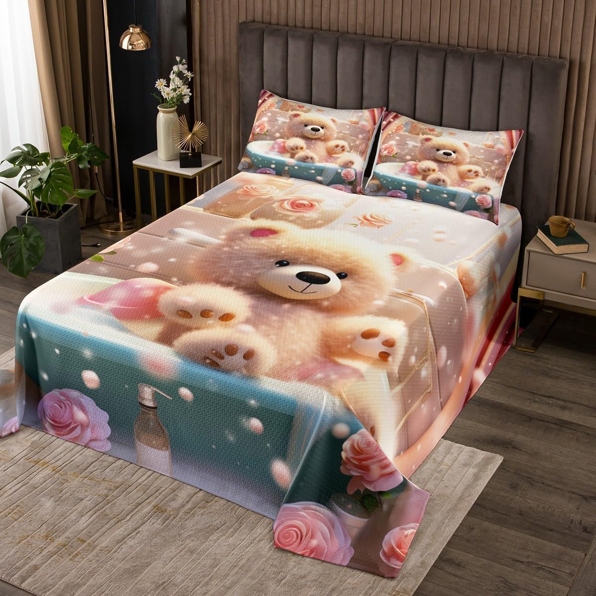 Homewish Cartoon Bear Bedspread Twin Size,Flower Bathtub Bedding Set for Kids Boys Girls Room Decor,Polka Dot Fantasy Coverlet Set 2Pcs,Cute Animal Blossom Floral Microfiber Quilt,1 Pillowcase