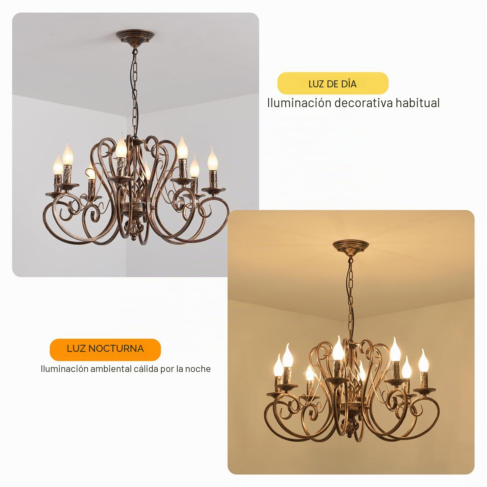 Ganeed Candelabros, Candelabro colgante de país francés de 8 luces, Lámpara colgante de metal rústico vintage Iluminación colgante ajustable, Luz de sala de estar, Candelabro de cocina