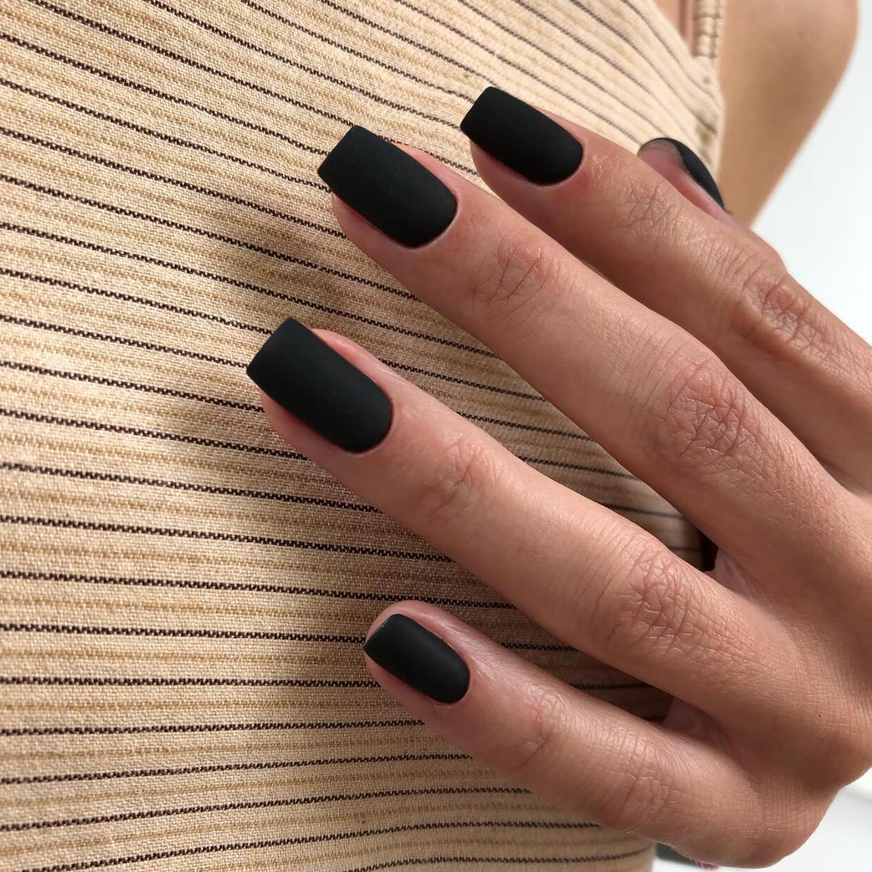 KQueenest Matte Black Press on Nails Short Medium Square, Natural Fake Nails Acrylic for Women Finger Wear, Salon Like Gel Glue on Nails Short Coffin,