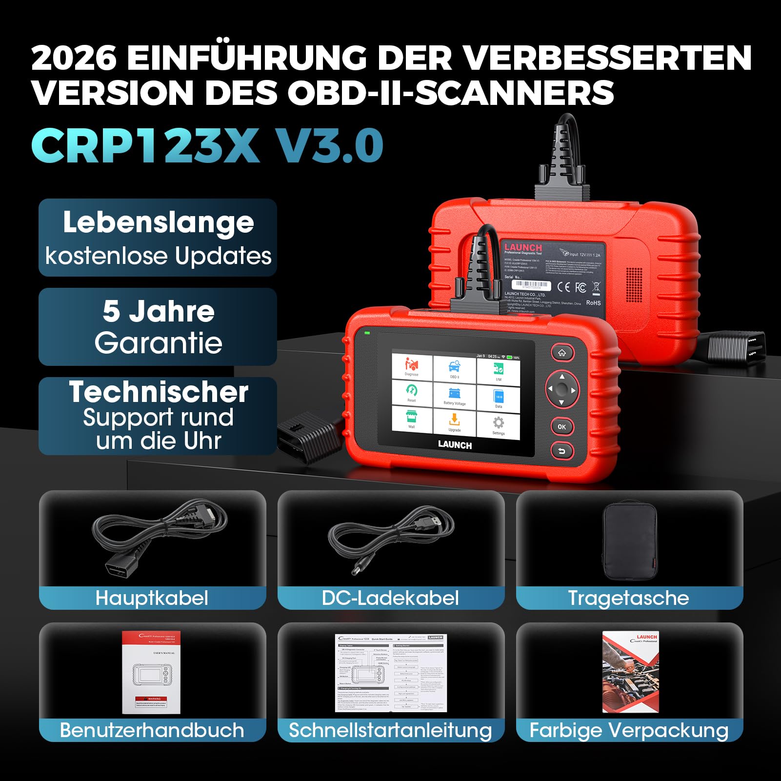 LAUNCH CRP123X V3.0 Valise Diagnostic Auto OBD2 Professionnelle - Compatible Toutes Marques, Diagnostic 4 Systèmes, Reset EPB/FAP/Vidange, SAS/BMS/TPMS, Test Batterie, Lecture VIN avec Maj GRATUITES
