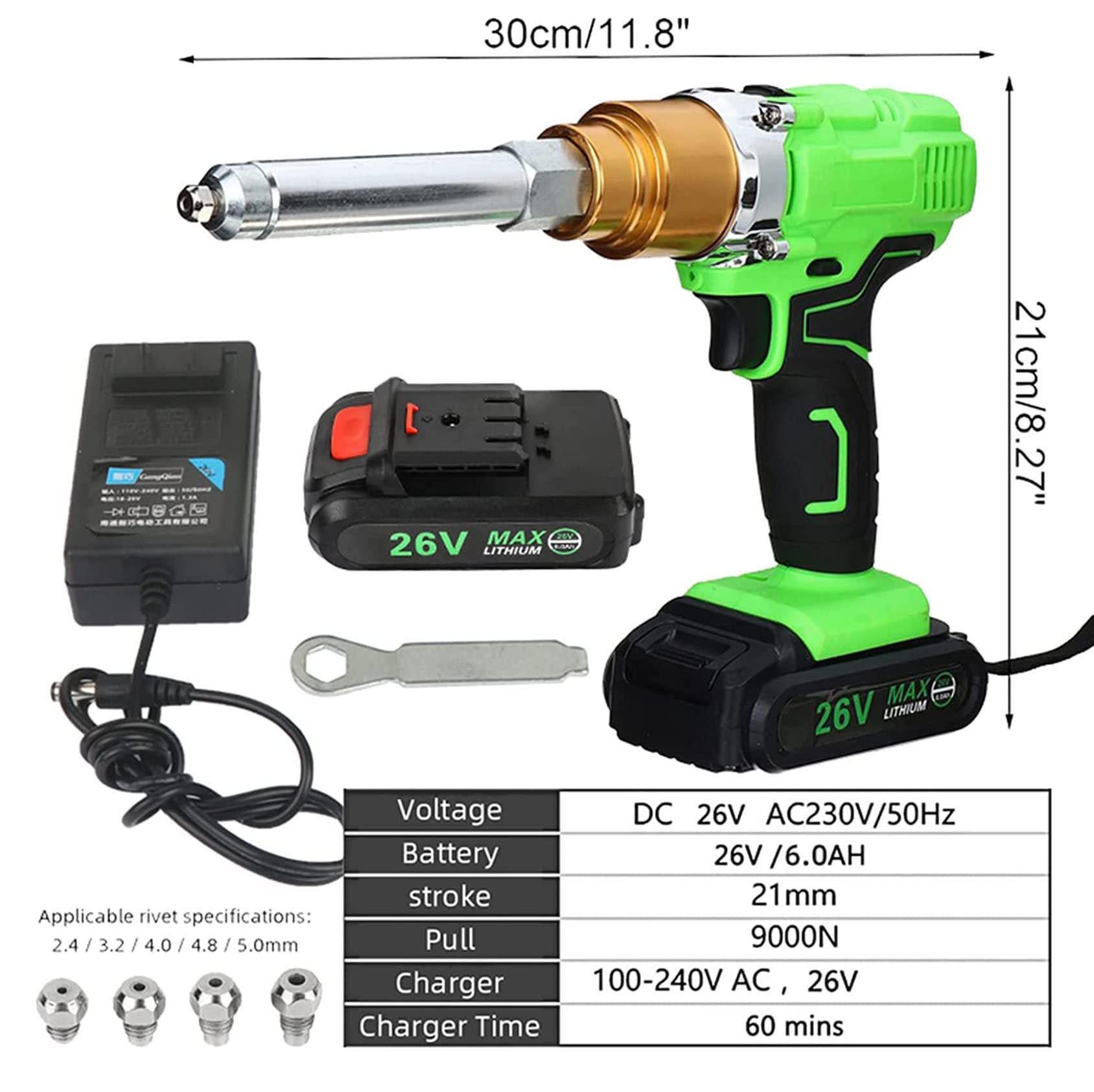 26v Przenośny Akumulatorowy Elektryczny Pistolet Nitowniczy, Nitownica 2,1 Mm Do Nitów 2,4 Mm-5,0 Mm Z Oświetleniem LED I Akumulatorem 2 Szt., Narzędzie Do Nitowania Metalu