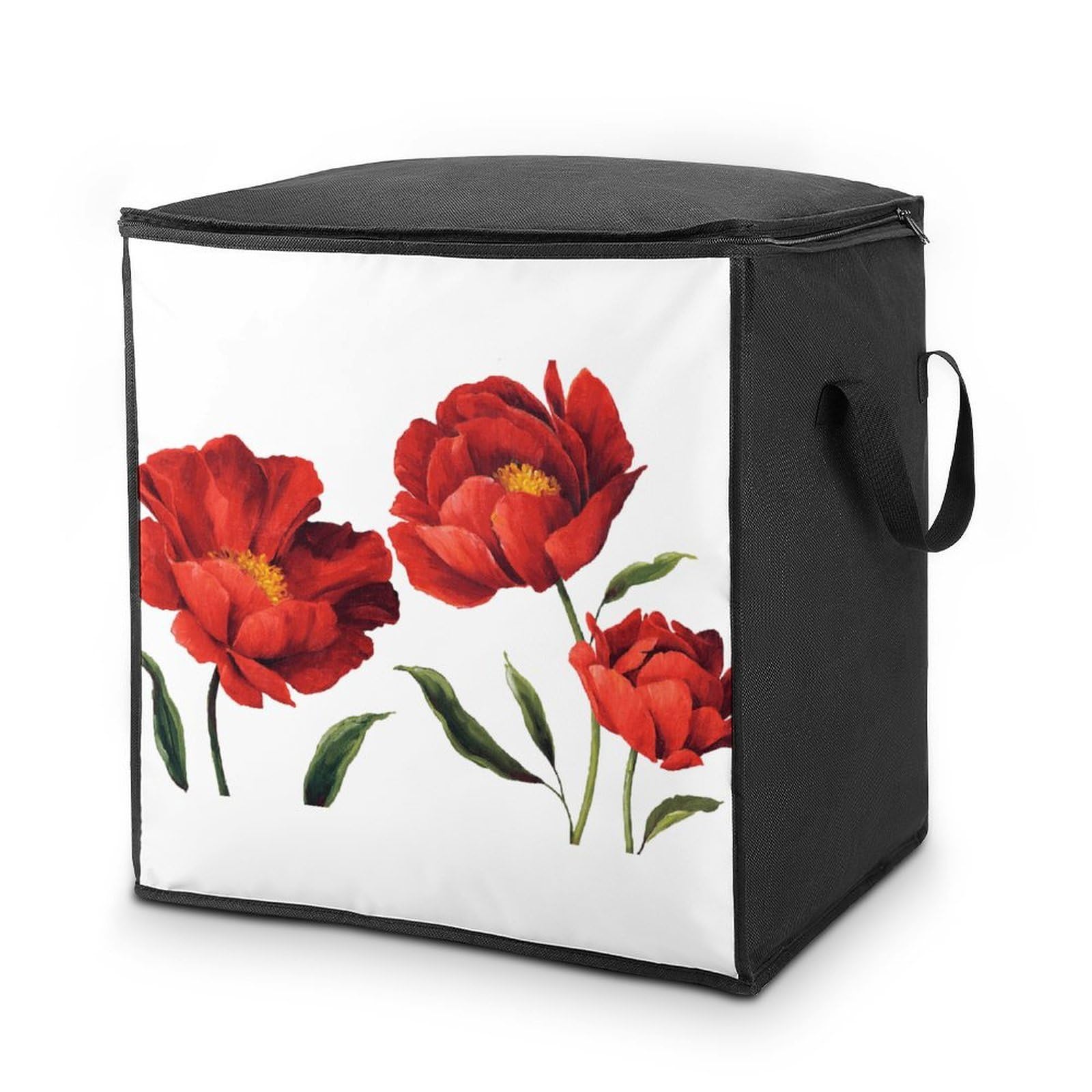 Lyfthologen 70L Storage Bags, Red Poppy Flowers Storage Box with Lid Zipper And Handles, Clothes Bags for Quilt, Blankets, Bedding