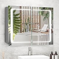 Vista 8 de Movo Botiquín iluminado con espejo para baño, 24 x 32 pulgadas de montaje en superficie con espejo y luz LED, gabinete de baño con puertas dobles