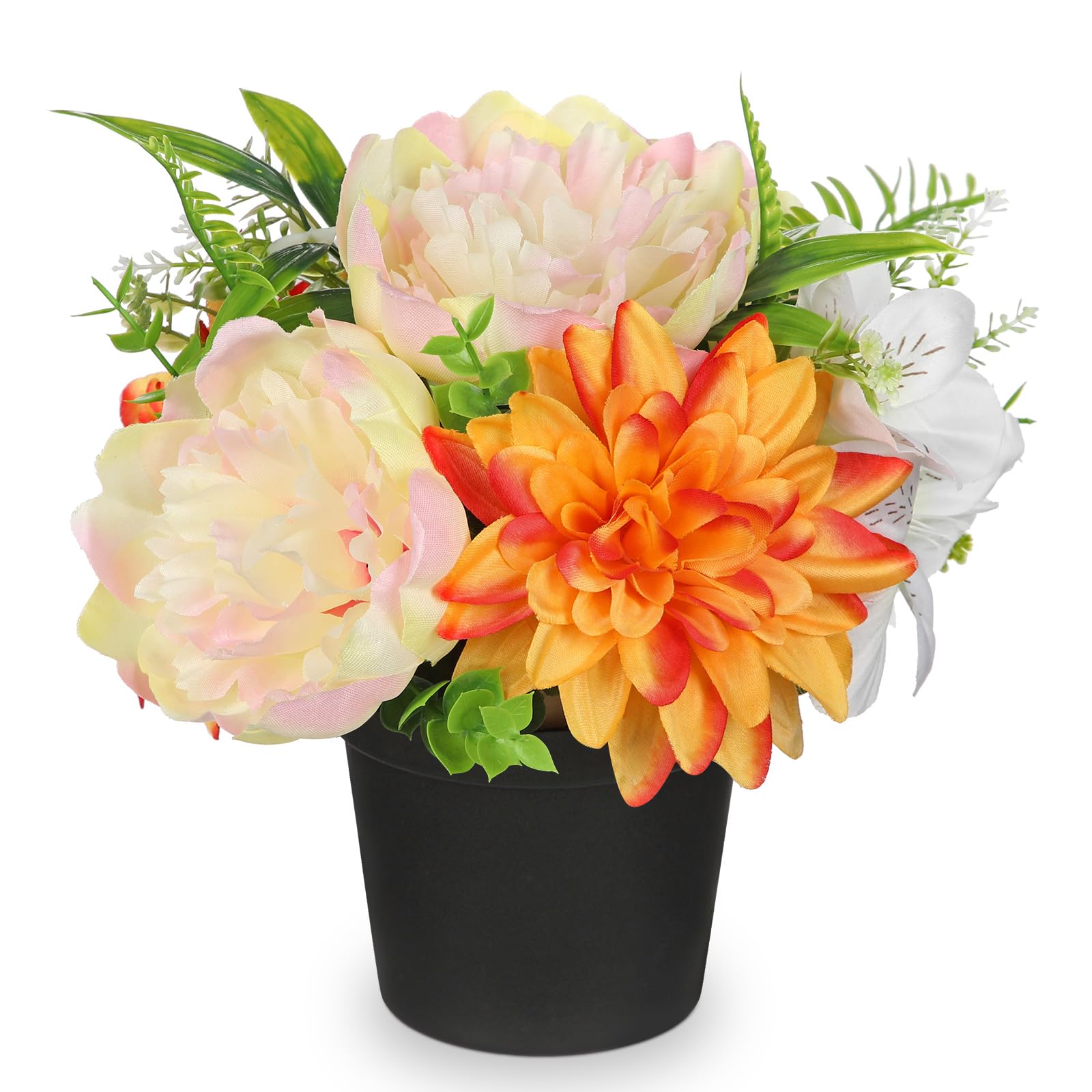 Briful 9.8" Small Artificial Flowers Yellow Peony Orange Dahlia Silk Flowers in Pot, 25 CM Fake Flower for Decoration Silk Lilies for Outdoor Indoor Decor