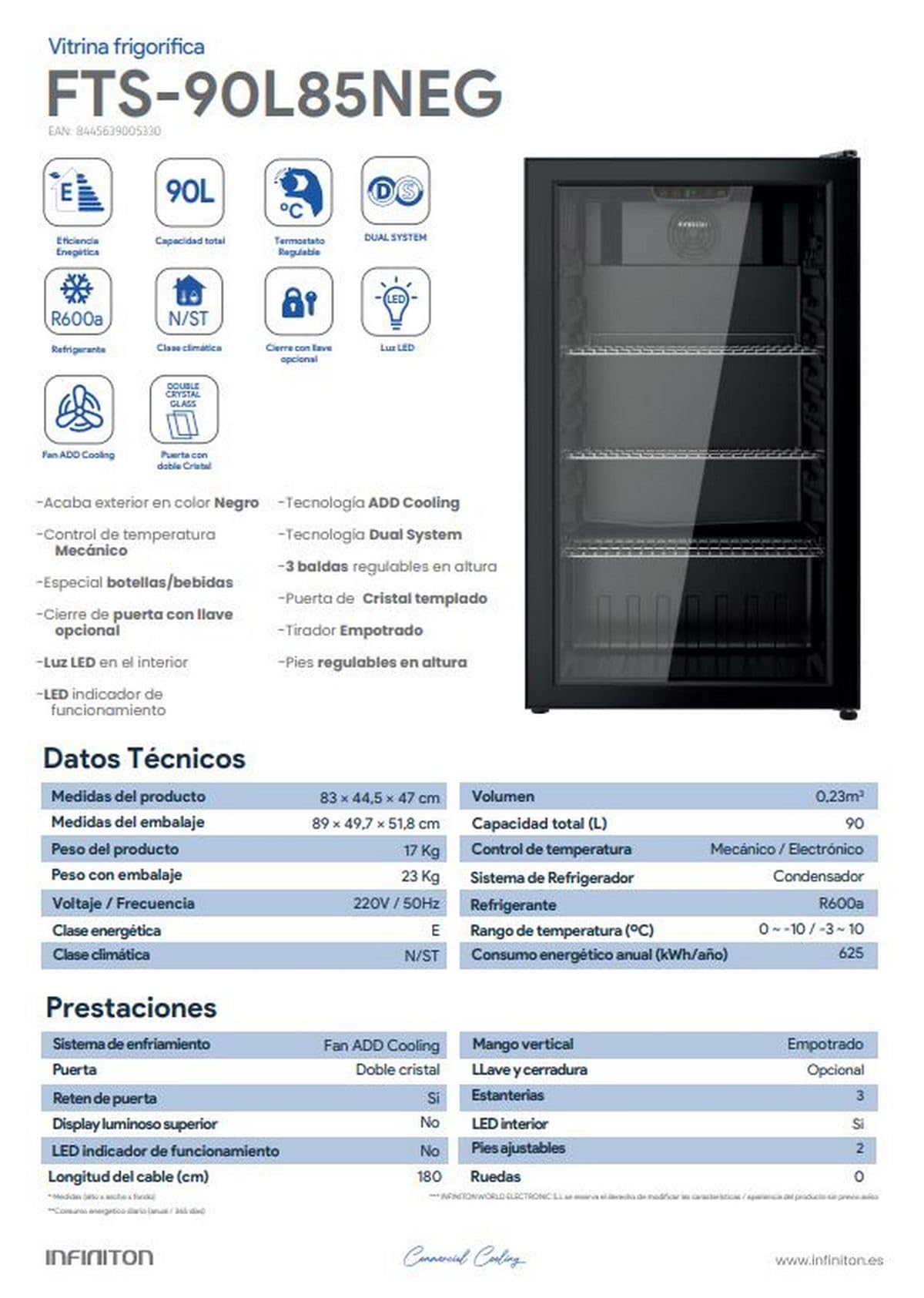 INFINITON Vitrina Frigorifica FTS-90L85NEG, 90 Litros, Altrua 83 cm, Fan ADD Cooling, 3 Estanterias, Led Interior, Doble Cristal, negro, E