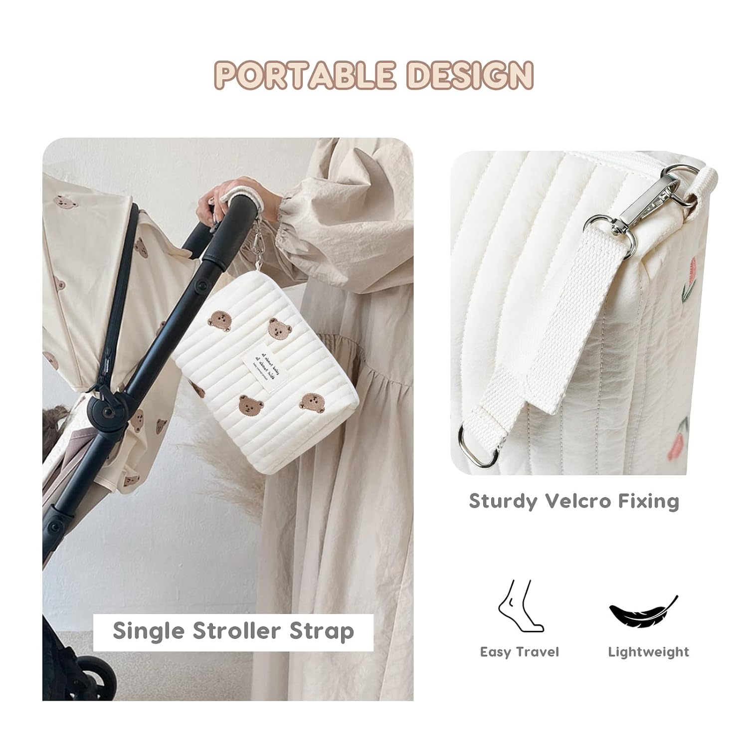 SONARIN Lightweight Pram Buggy Bag Organiser,Multifunctional Stylish Embroidery Baby Stroller Bag Organizer Pushchair Storage Bag Mommy Bag,Universal Fit All Buggy(Bear, 1 Strap)