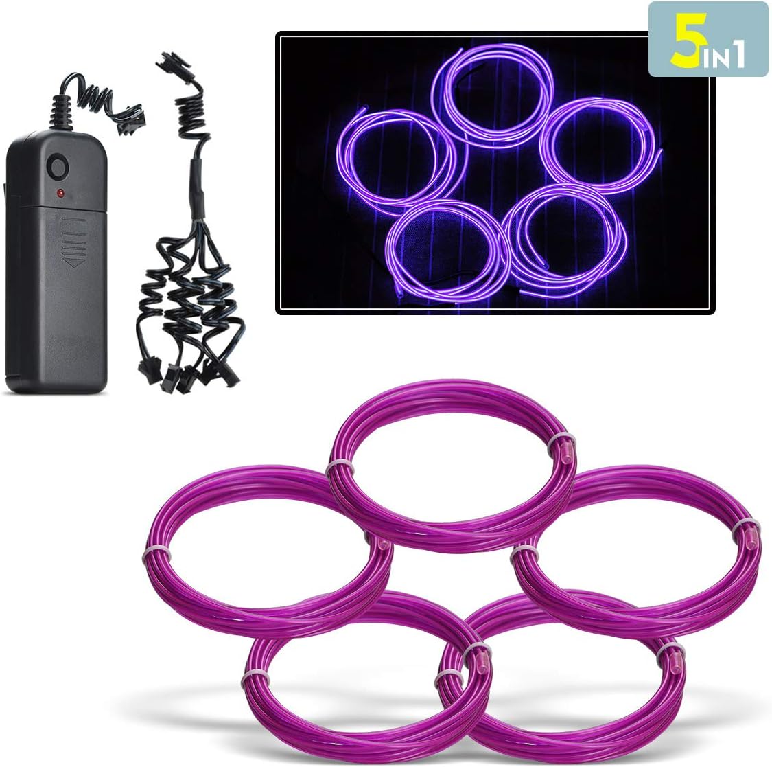 EL Wire,Aogbithy Neon Glowing Strobing Light Super Bright Battery Operated EL Wire Cable for Christmas Party Cosplay Dress Carnival Decoration Festival Halloween (Purple, 5 * 1M)