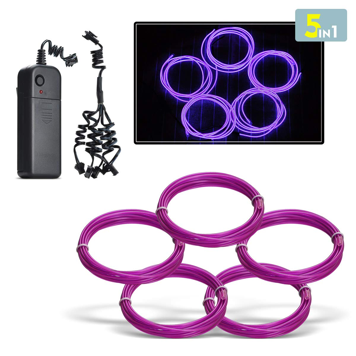 EL Wire,Aogbithy Neon Glowing Strobing Light Super Bright Battery Operated EL Wire Cable for Christmas Party Cosplay Dress Carnival Decoration Festival Halloween (Purple, 5 * 1M)