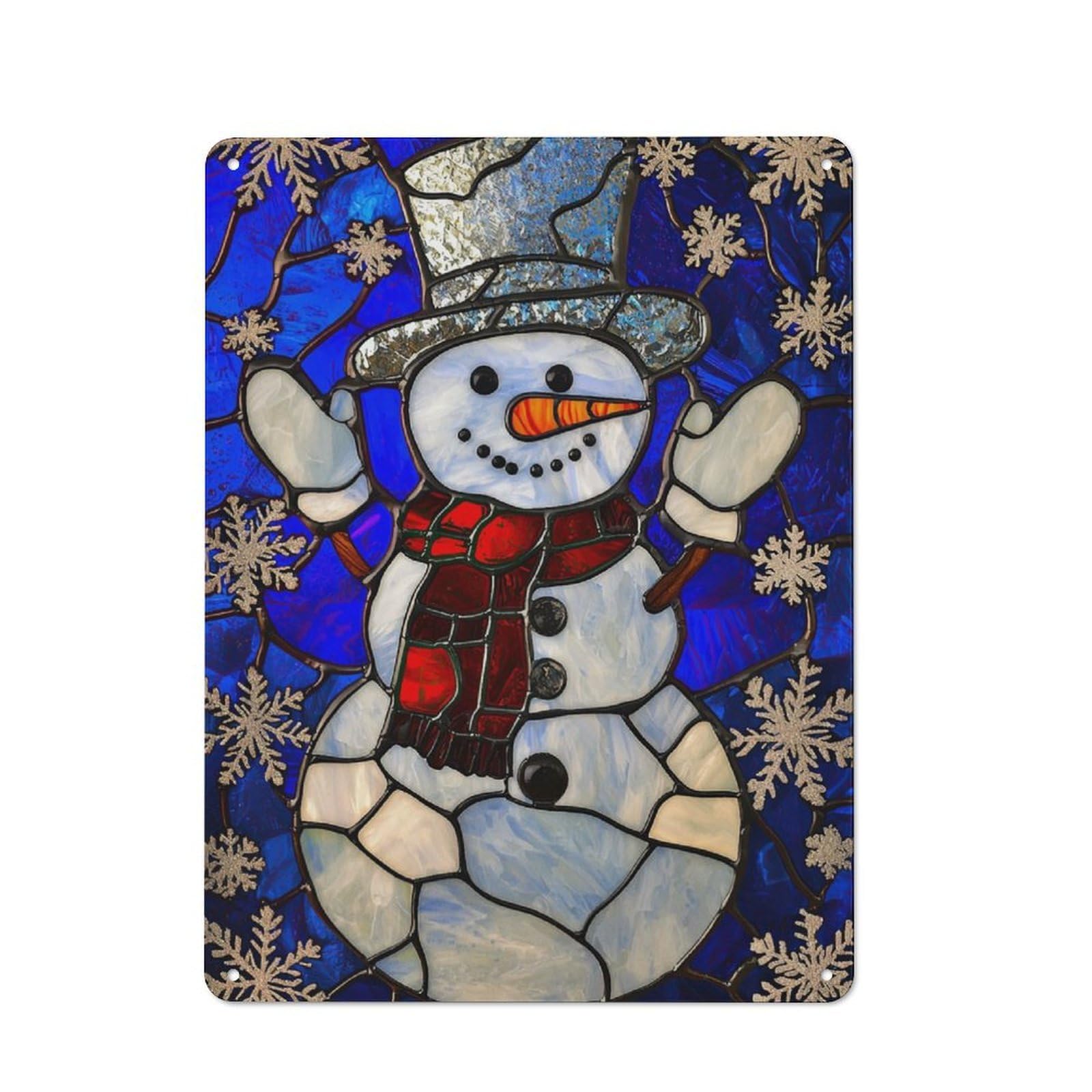 Junmoney Stained Glass Snowman Retro-Style Metal Plaque 40X30cm For Garage Or Workshop, For Garage, Workshop And Man Cave Decoration