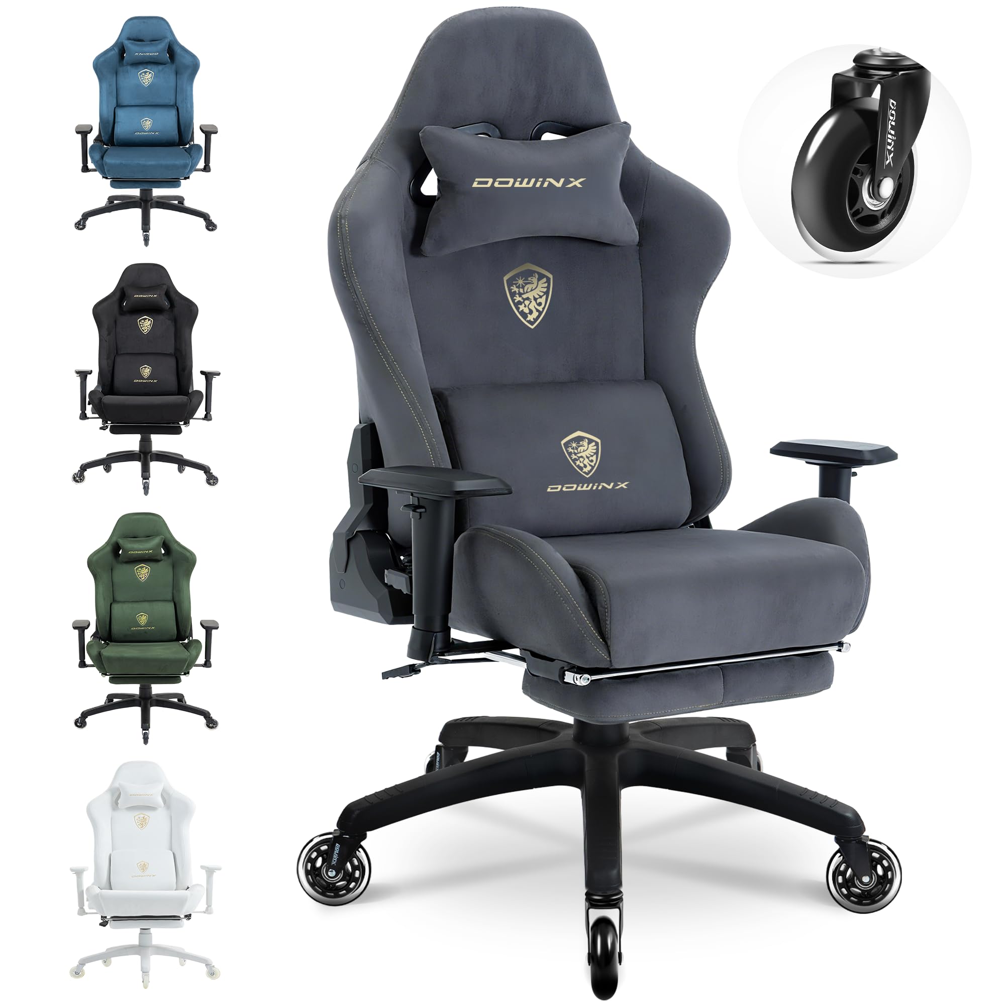 Dowinx Gaming Stuhl,Ergonomischer Wildlederimitat Gamer Chair,Gaming Sessel,Verstellbar Fußstütze und 3D Armlehnen,200KG Tragkraft Bürostuhl mit Geräuschlose Rollen,Schreibtischstuhl,Grau