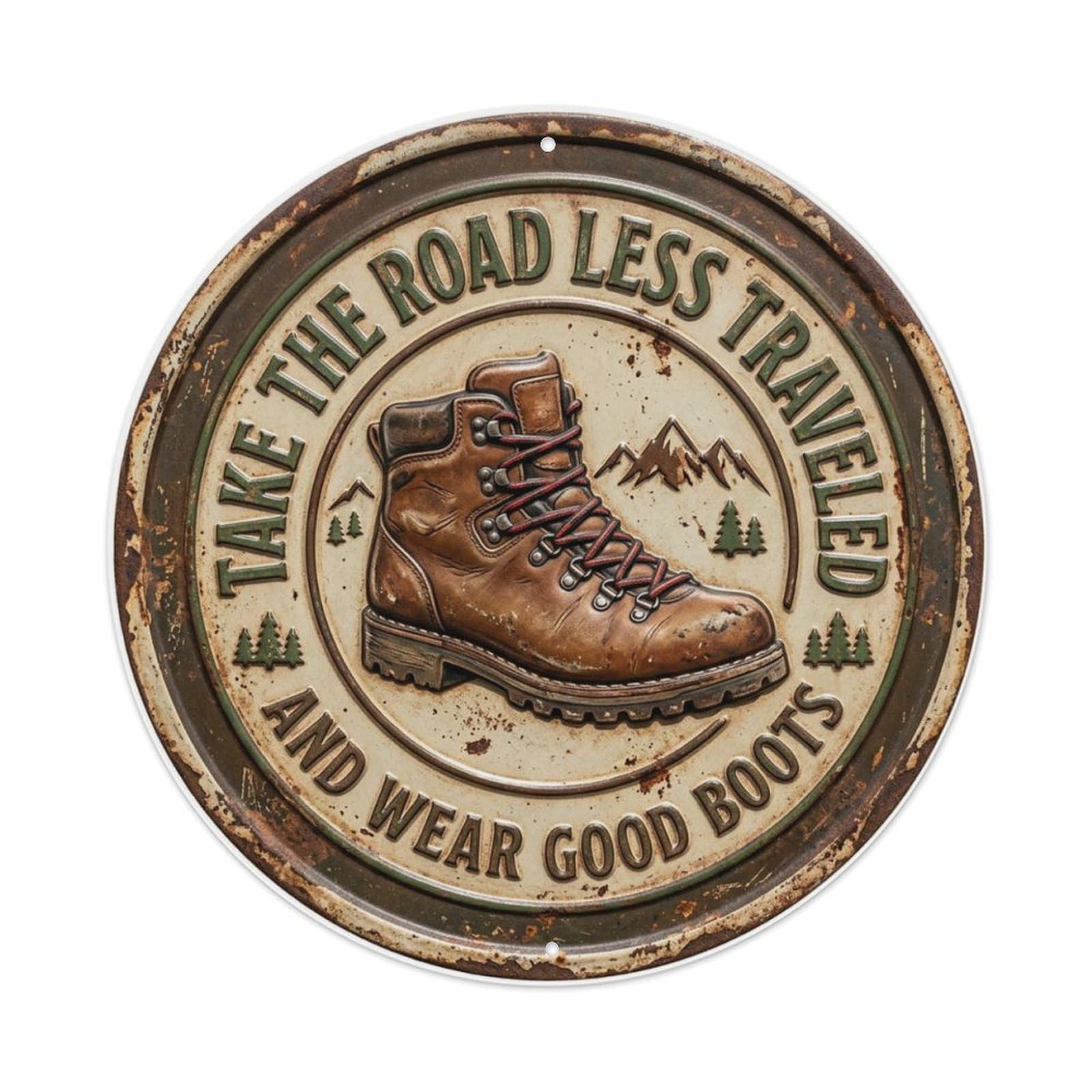 Hiking Boot Trail Entryway Metal Tin Sign Plaque Wall Decor for Cafe, Club Bar, Office, Home Garden Round Metal Poster 8x8Inch