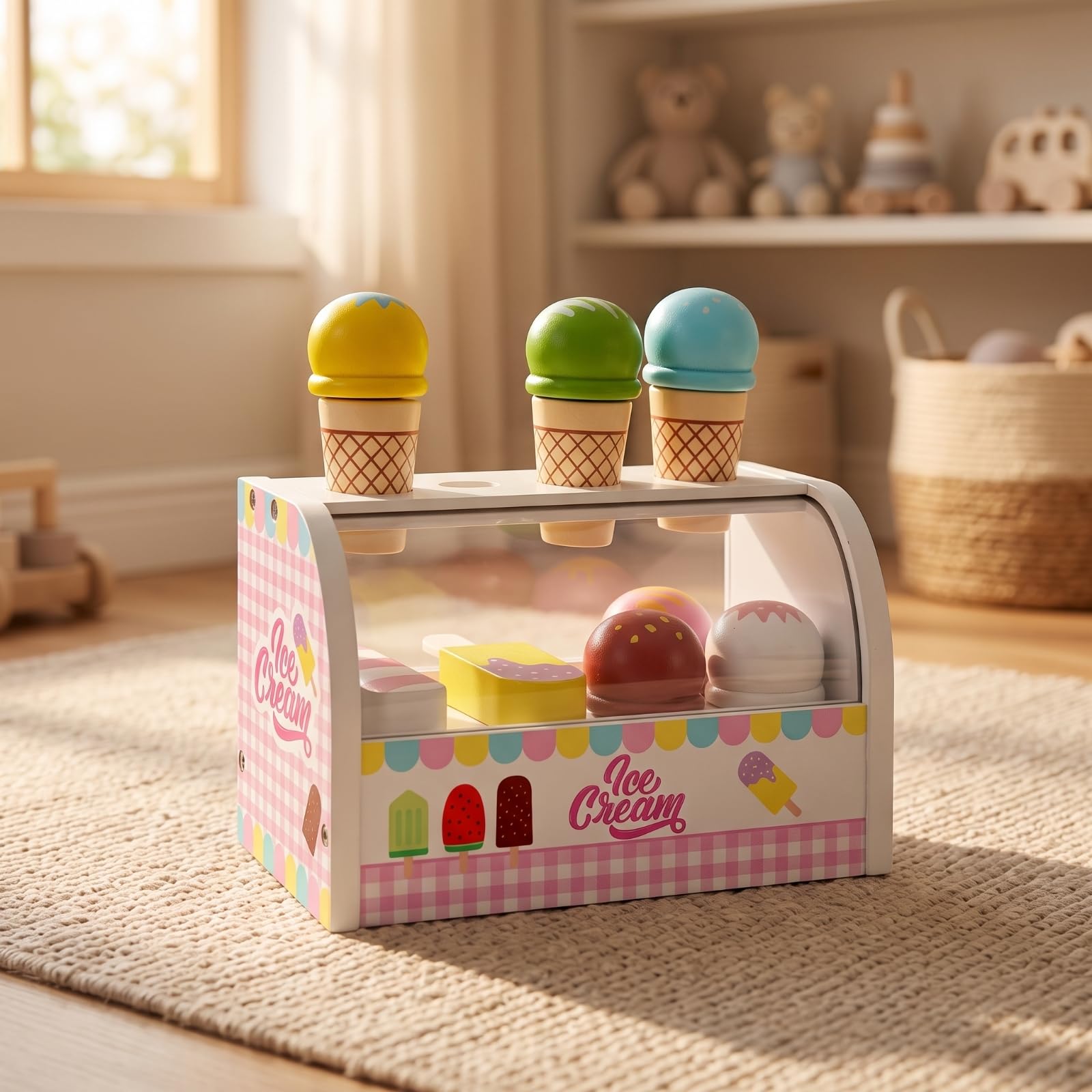 Realistisch Eisladen aus | Spielzeug-Eisvitrine mit Zubehör, bunt, Spielküche-Zubehör mit Eisverkauf, für Zimmer, Spielzimmer,