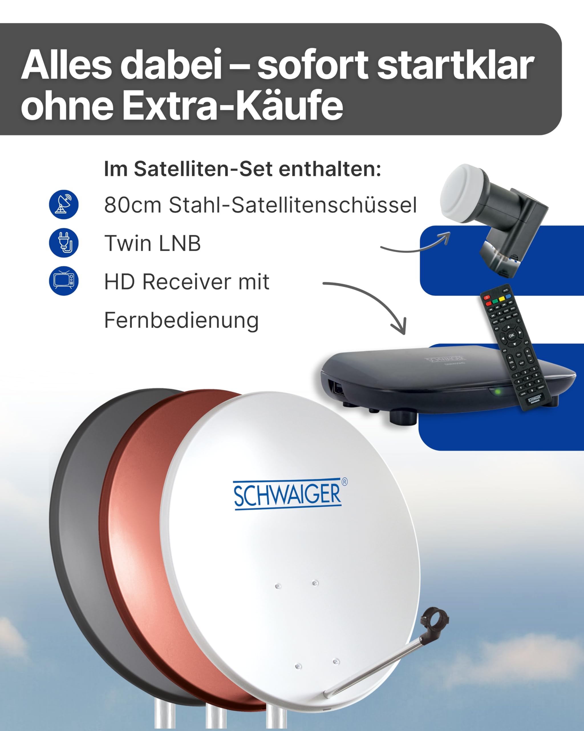 Schwaiger Satellitenschüssel Komplettset I Ø 80 cm Stahl Offset Antenne in Hellgrau I Inkl. Twin LNB 2-Fach & HD SAT-Receiver mit Fernbedienung I Digital HD Empfang I Integrierte Kabelführung