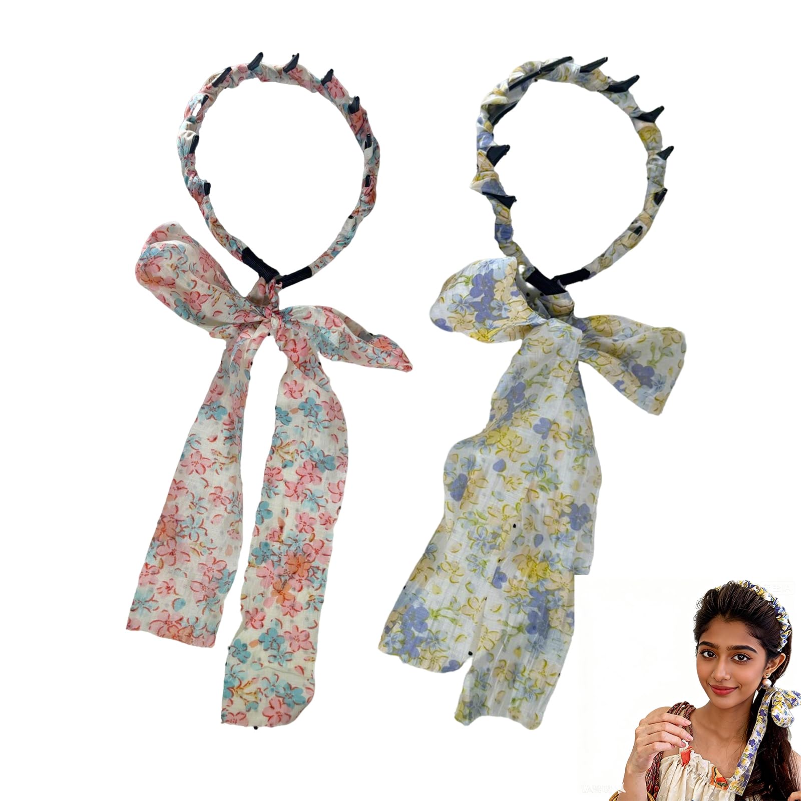 Floral Braided Headbands for Women - 2Pcs Fabric Hair Bands with Ribbon Bow, Elegant Hair Accessories for Women Girls, Daily Use, Party, Wedding, Festival and Outdoor Events-image-0