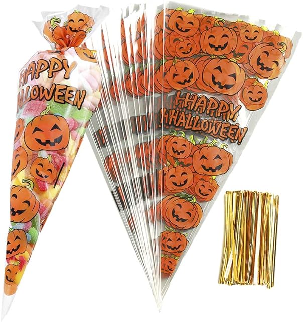 RFWIN 100Pcs Pumpkin Cone Bag Halloween Clear Cellophane Treat Bags, Party Favor Bags with Gold Twist Ties for Candy Cookies