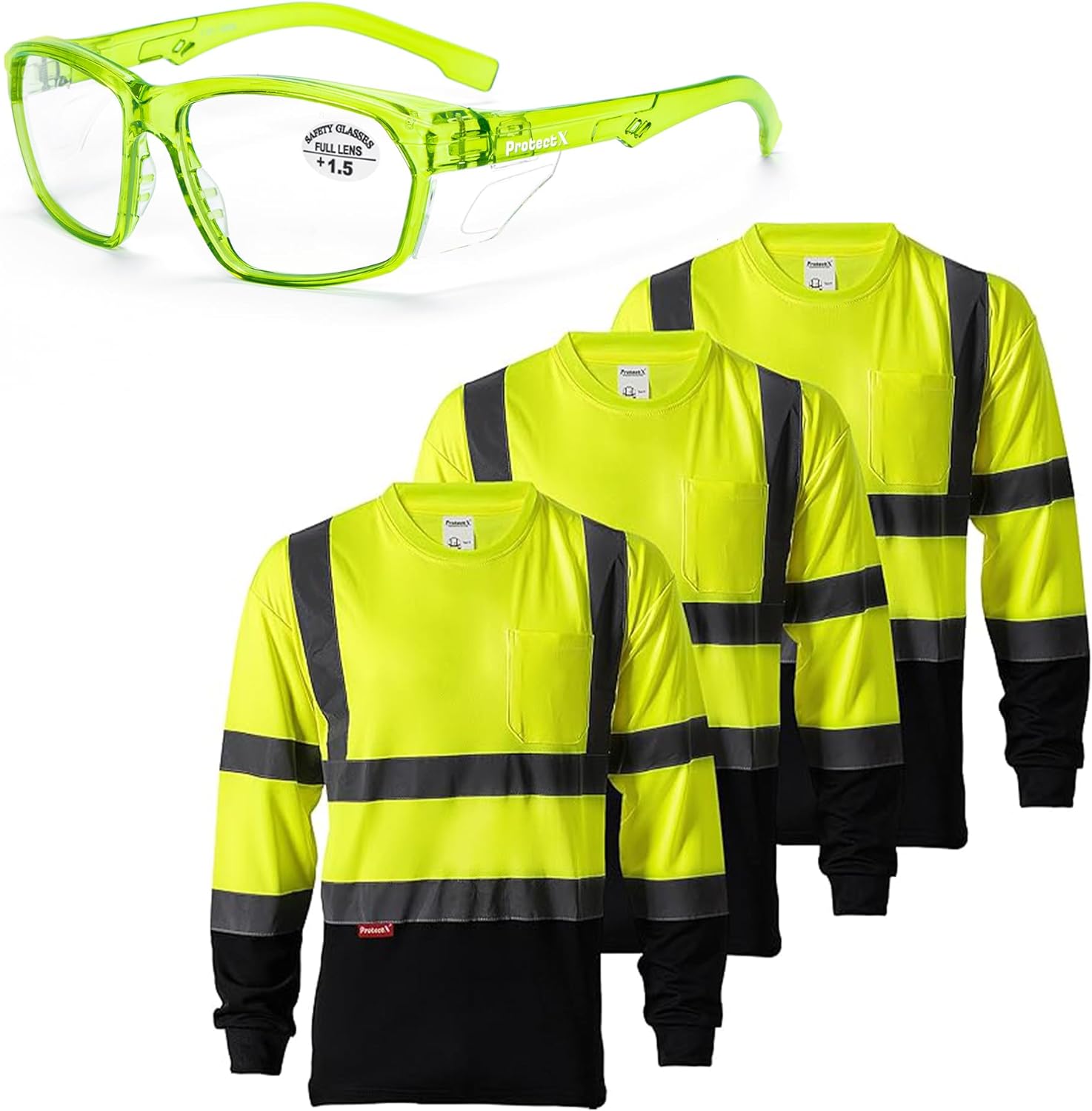 ProtectX 3 Pack Men's High Visibility Heavy Duty Long Sleeve Reflective Safety T-Shirts ＆Stylish Reading Glasses for Women