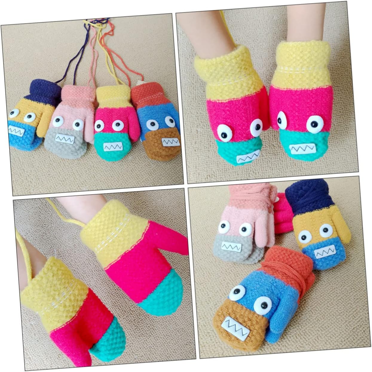 Didiseaon 4pairs Cartoon Full Finger Mittens for Boy Girl Warm Cozy and Fun Neck Hung Gloves for Boys and Girls for Winter Outdoor Activities and Daily Use