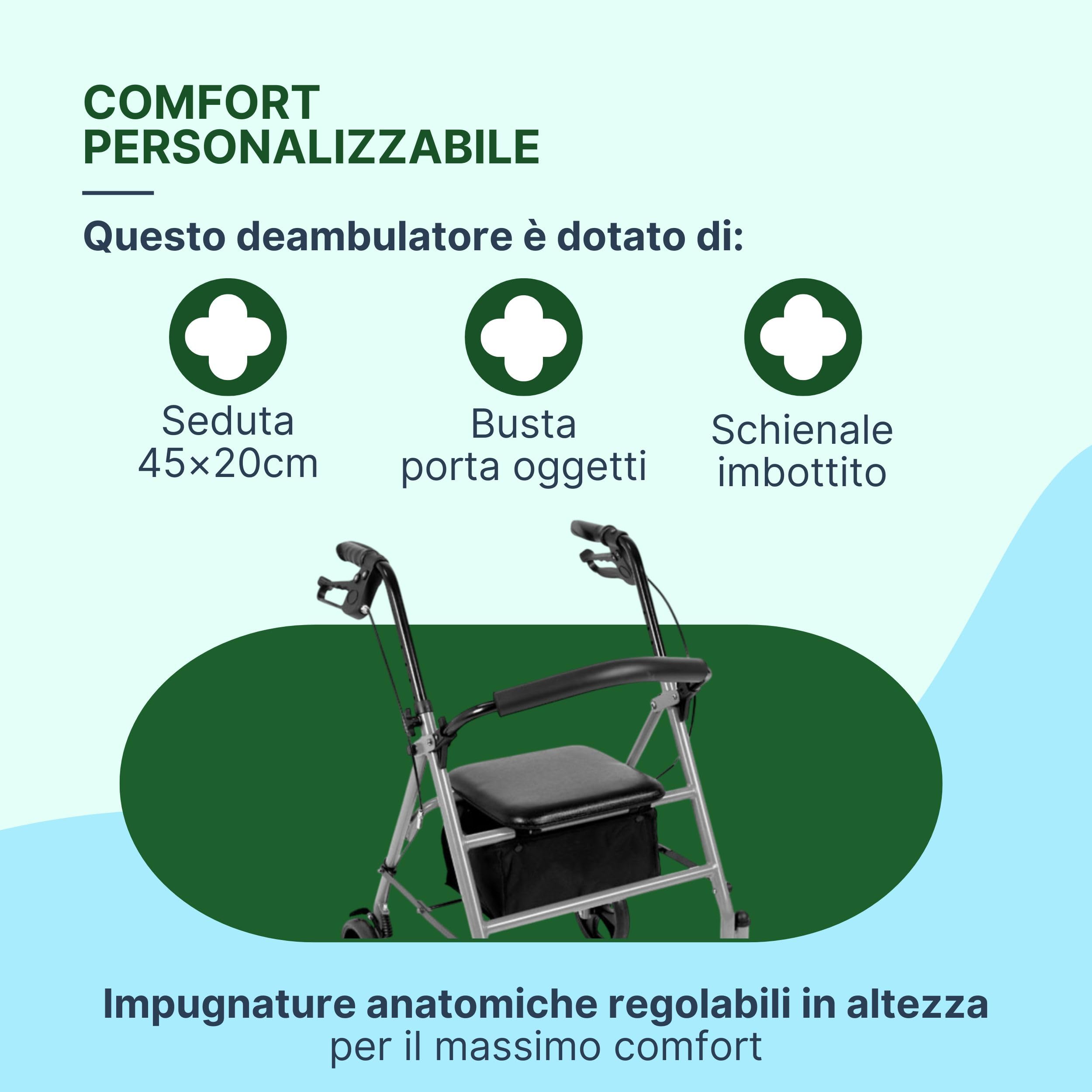 Rollator Deambulatore con Seduta per Anziani e Disabili - Deambulatore per Anziani 4 Ruote Pieghevole con Borsa e Schienale Ribaltabile ed Estraibile