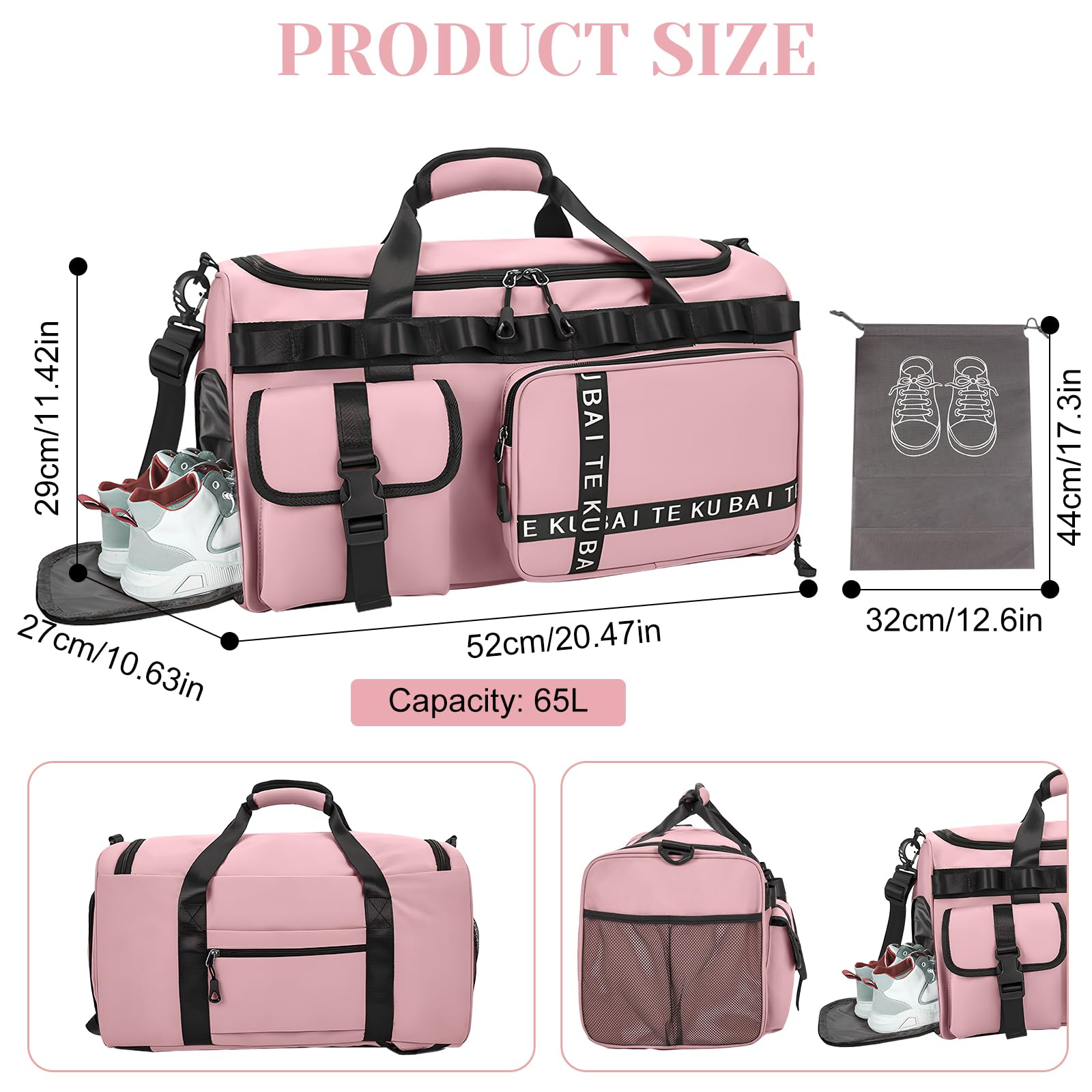 Sporttasche Reisetasche für Damen und Herren, Groß 65L Sporttaschen mit Schuhfach & Nassfach, Large Capacity Reise Tasche Gym Bag, Travel Schwimmtasche Übernachtung Tasche (Rosa)