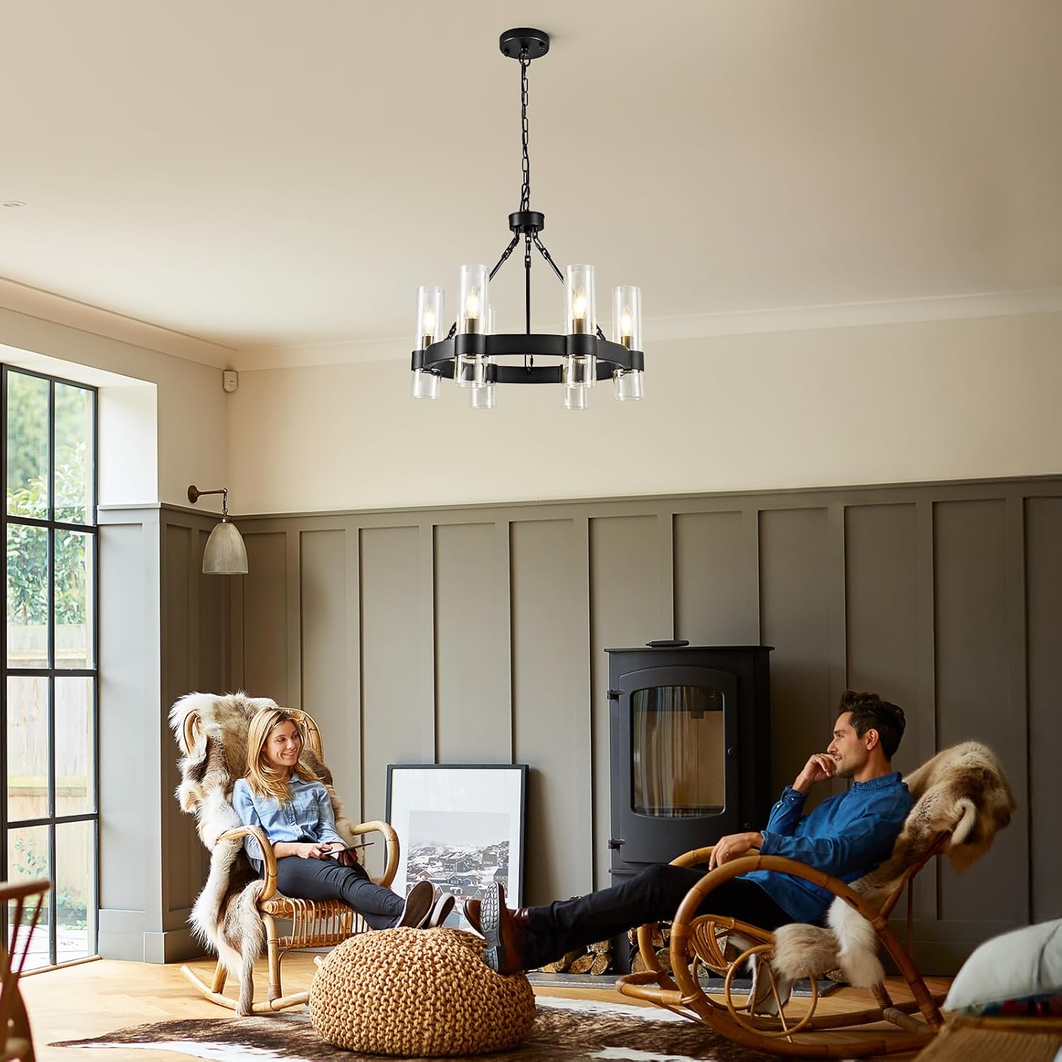 6-Light Large Black Wagon Wheel Chandelier with Glass Shades, 20 Inch Farmhouse Industrial Round Chandelier for High Ceilings, Pendant Lighting Fixture for Dining Living Room Kitchen Island Foyer