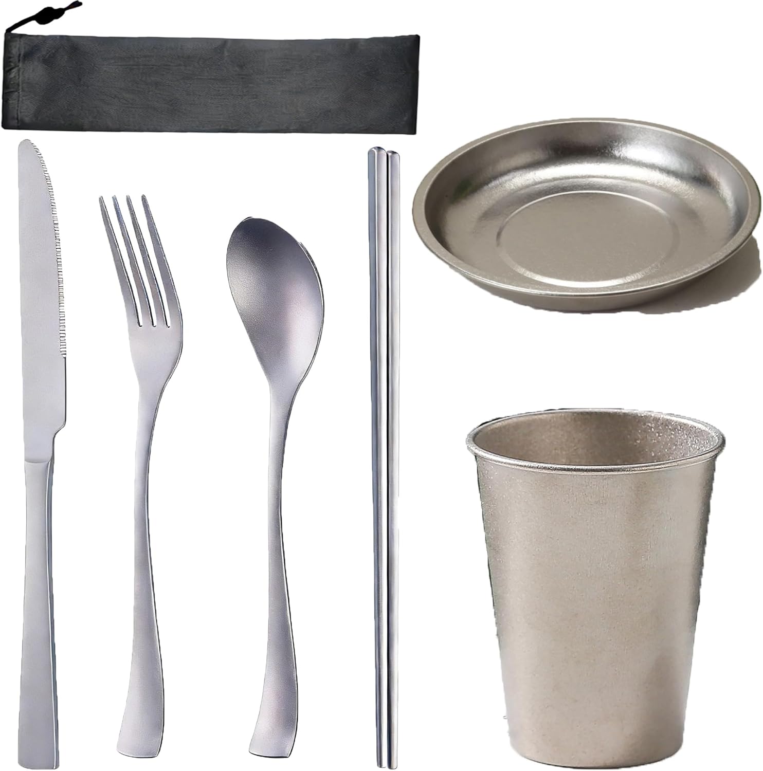 Pure Titanium Utility Cutlery Set Portable Flatware Fork Spoon Knife Chopsticks Plate Beer Cup with Carrying Bag Utensil Ultralight Lightweight for Outdoor Home Camping Travel Hiking 6Pcs