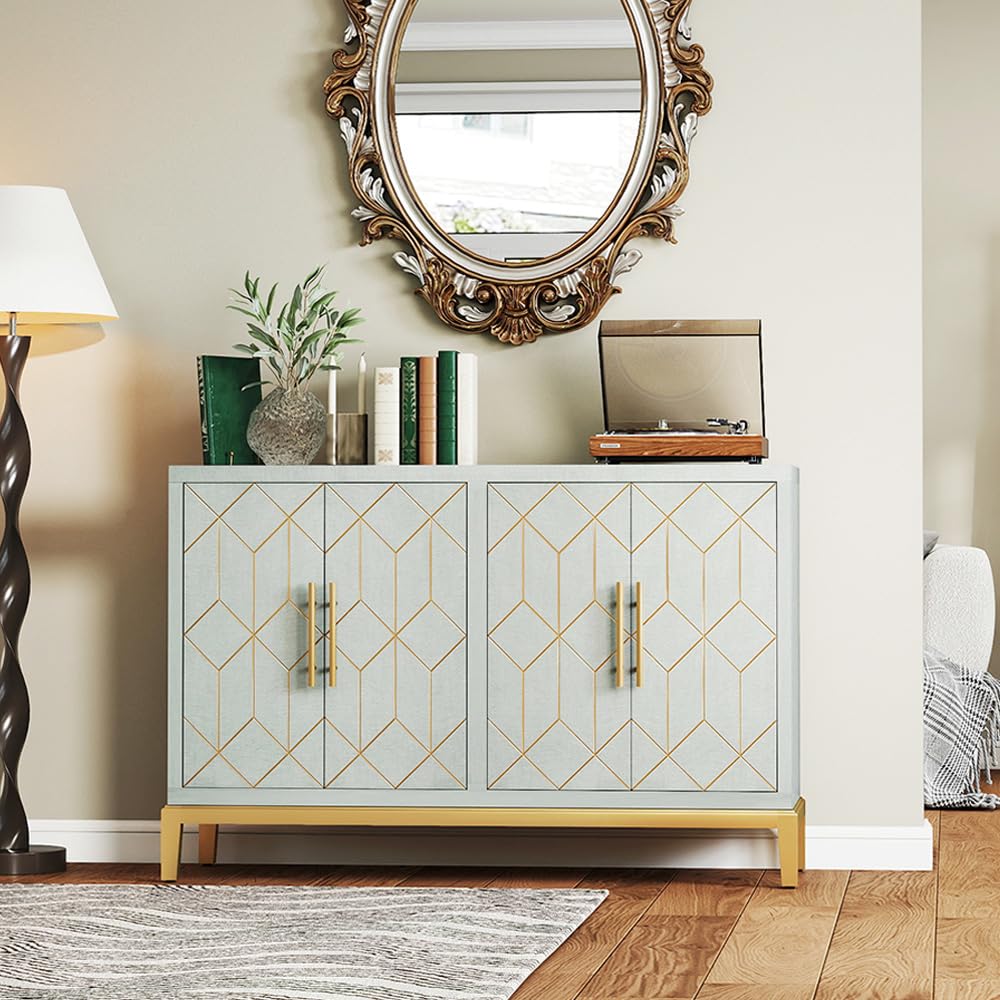 MROJISC 47.8" Accent Storage Cabinet with 4 Doors, Modern Sideboard Buffet Cabinet with Gold Lines, Wood Decorative Credenza with Storage for Living