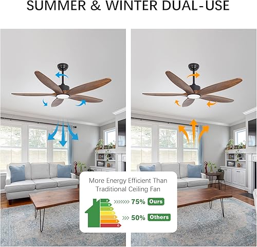 Miniatura 4 de Ventilador de techo de 5 aspas de madera con luz y control remoto, motor CC reversible silencioso, 6 velocidades de viento, LED regulable y memoria,