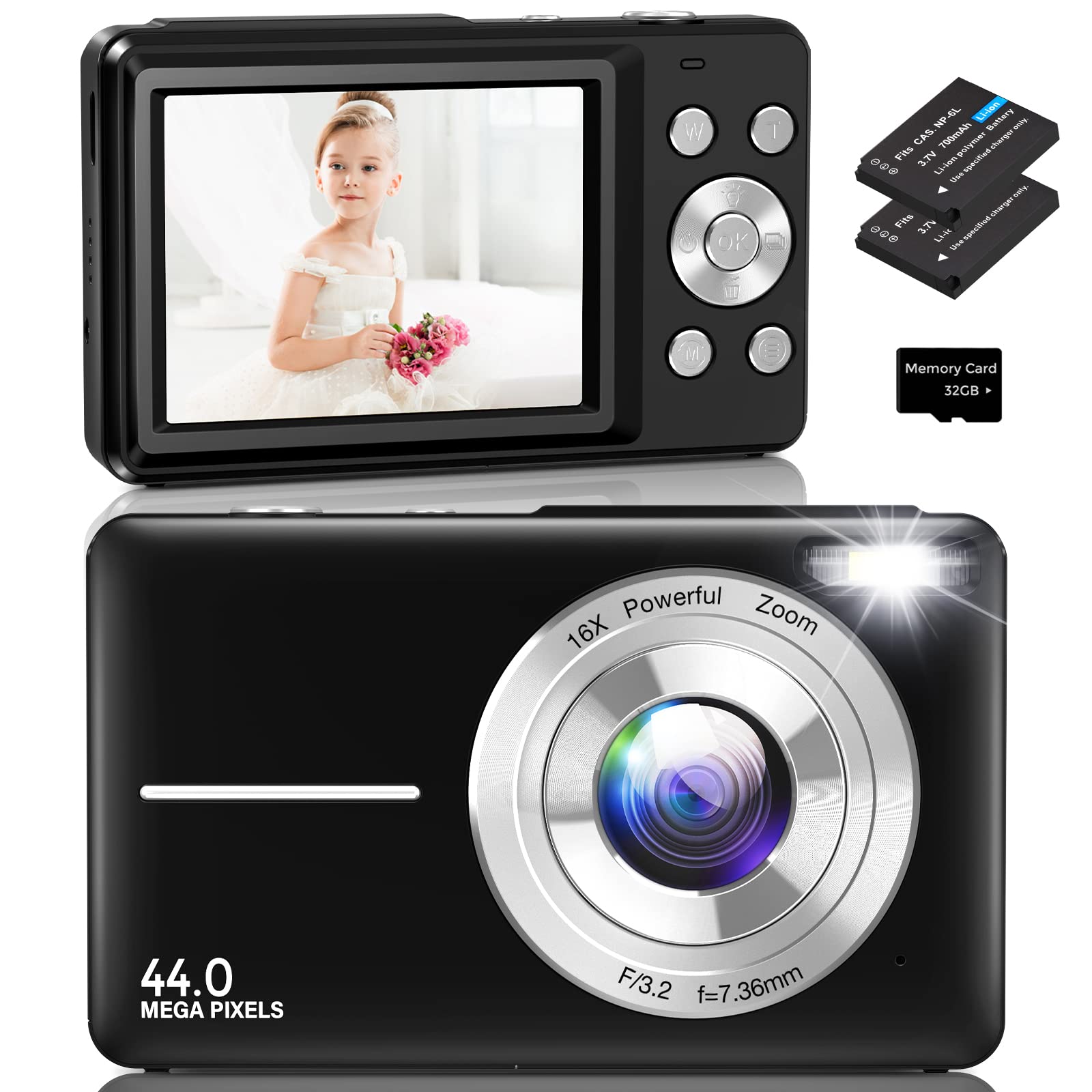 Digital Camera Autofocus,Amdeurdi Vlogging Camera Rechargeable Digital Cameras with 16X Zoom Compact Camera FHD 1080P 44MP for Beginner Photography with 2 Battery,32G Memory Card - Black