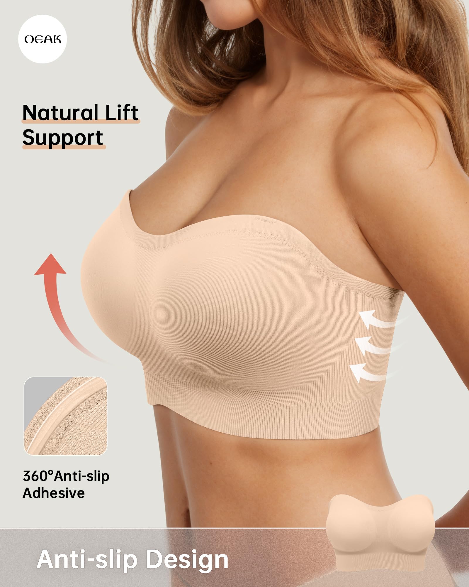 OEAK Soutien-gorge bandeau sans bretelles pour femme - Soutien-gorge bandeau antidérapant - Soutien-gorge push-up sans couture - Soutien-gorge rembourré confortable
