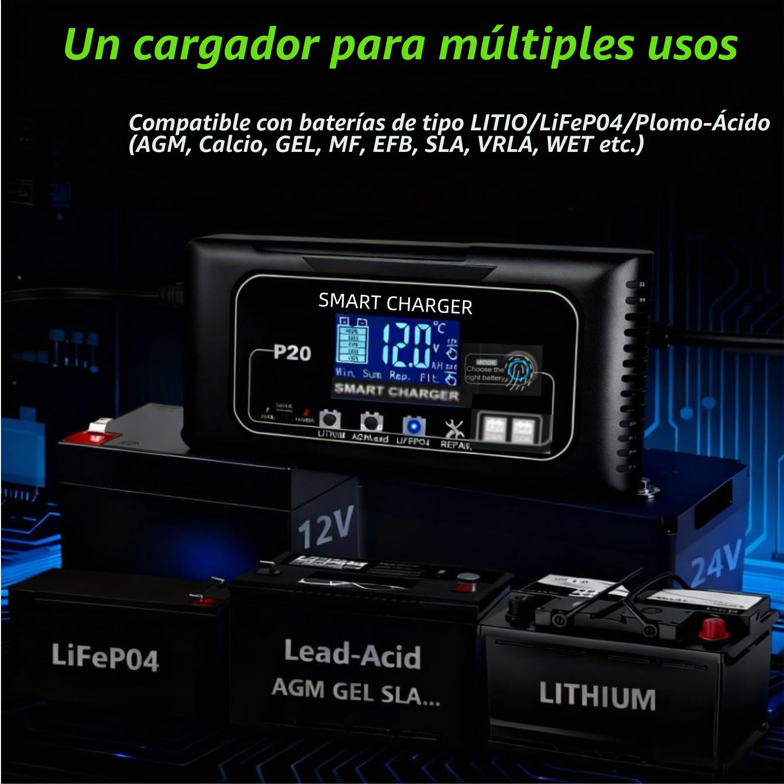Cargador y mantenedor de batería Inteligente de 12V/24V y 20A, P20 4 Modos de Carga de Litio/AGM/Plomo-ácido/LiFePO4,con Pantalla LCD y función de reparación por pulsos,para automóviles,Motocicletas