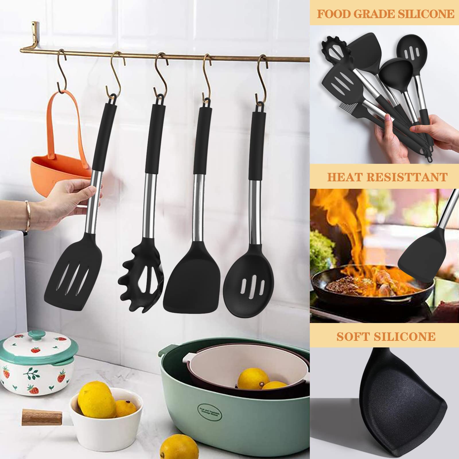 Umite Chef - Juego de utensilios de cocina de silicona, 43 piezas resistentes al calor, mango de acero inoxidable, herramientas de espátula de cocina para utensilios de cocina antiadherentes
