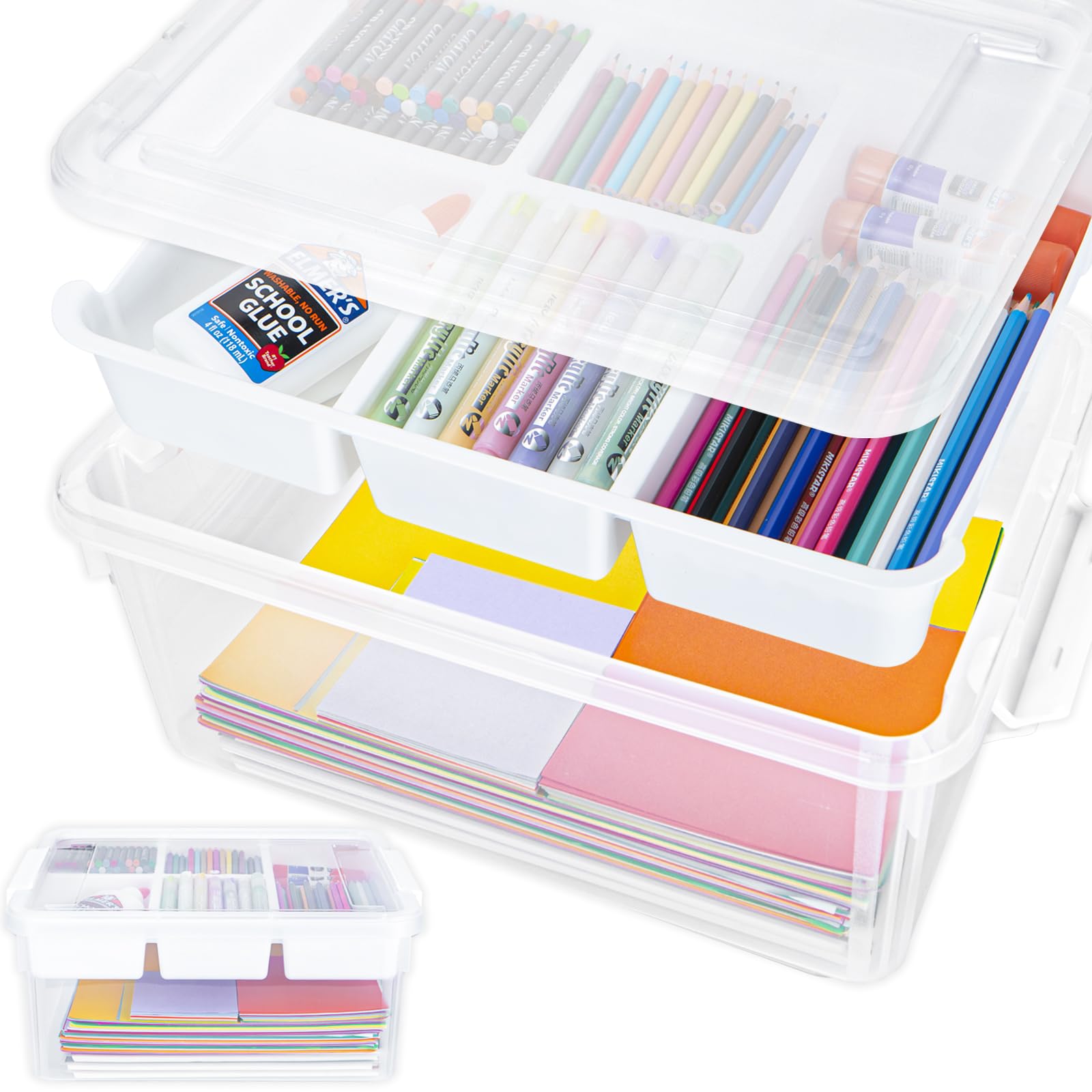 17 QT Craft Organizers and Storage with Removable Tray, Stackable Plastic Storage Box with Lid, Clear Art Storage Container for Organizing Bead, Tool, Sewing, Playdoh