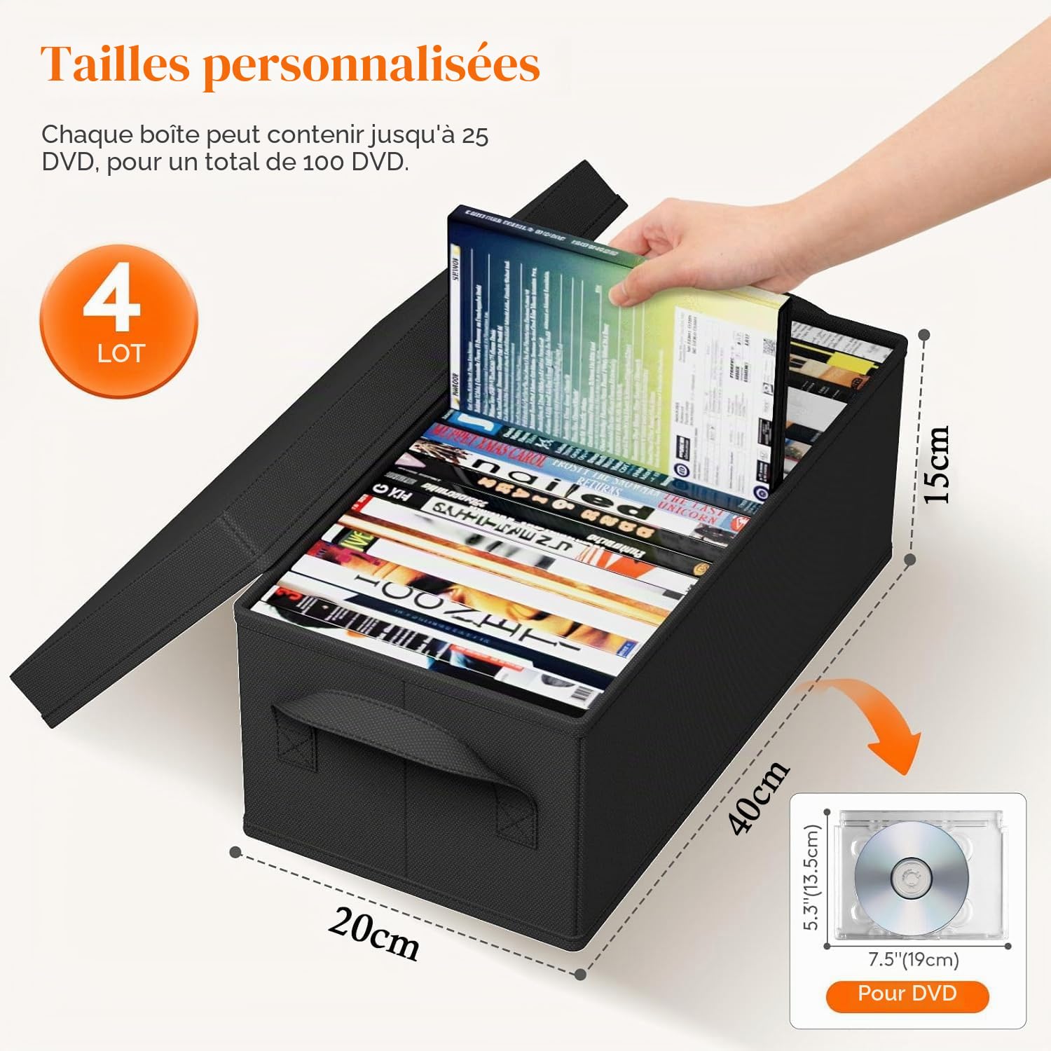 Lot de 4 boîtes de rangement pour DVD, 40 x 20 x 15 cm avec couvercle, conteneur pouvant contenir 50 DVD dans des boîtiers à bijoux, 85 DVD dans des étuis fins et 220 disques dans des