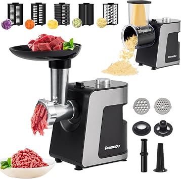 Parmedu Electric Cheese Grater & Meat Grinder Electric Vegetable Cutter Electric Slicer Shredder Salad Maker - Professional Meat Mincer with 2 Plates, Sausage Maker & Kibbe Kit Total 12 Attachments