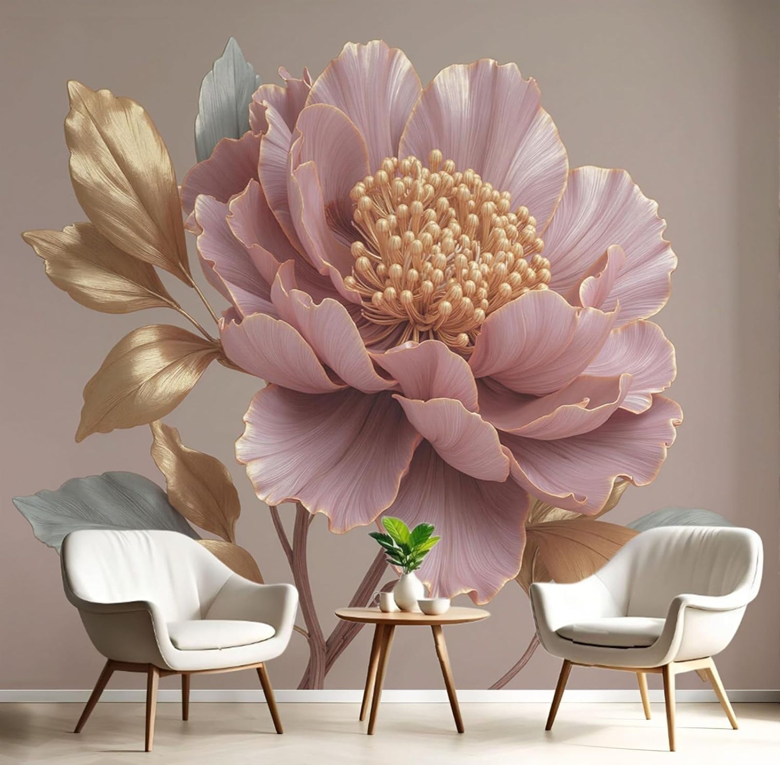 Kfjhgbdshhj 3D Mural Photo Mural-Wallpaper Elegant Peony Blossoms Luxury Leaves Pattern 3D Wall Decoration, Xxl Modern Wall Living Room Bedroom, 430Cm X 300Cm Poster - Wall Sticker - Frameless Picture