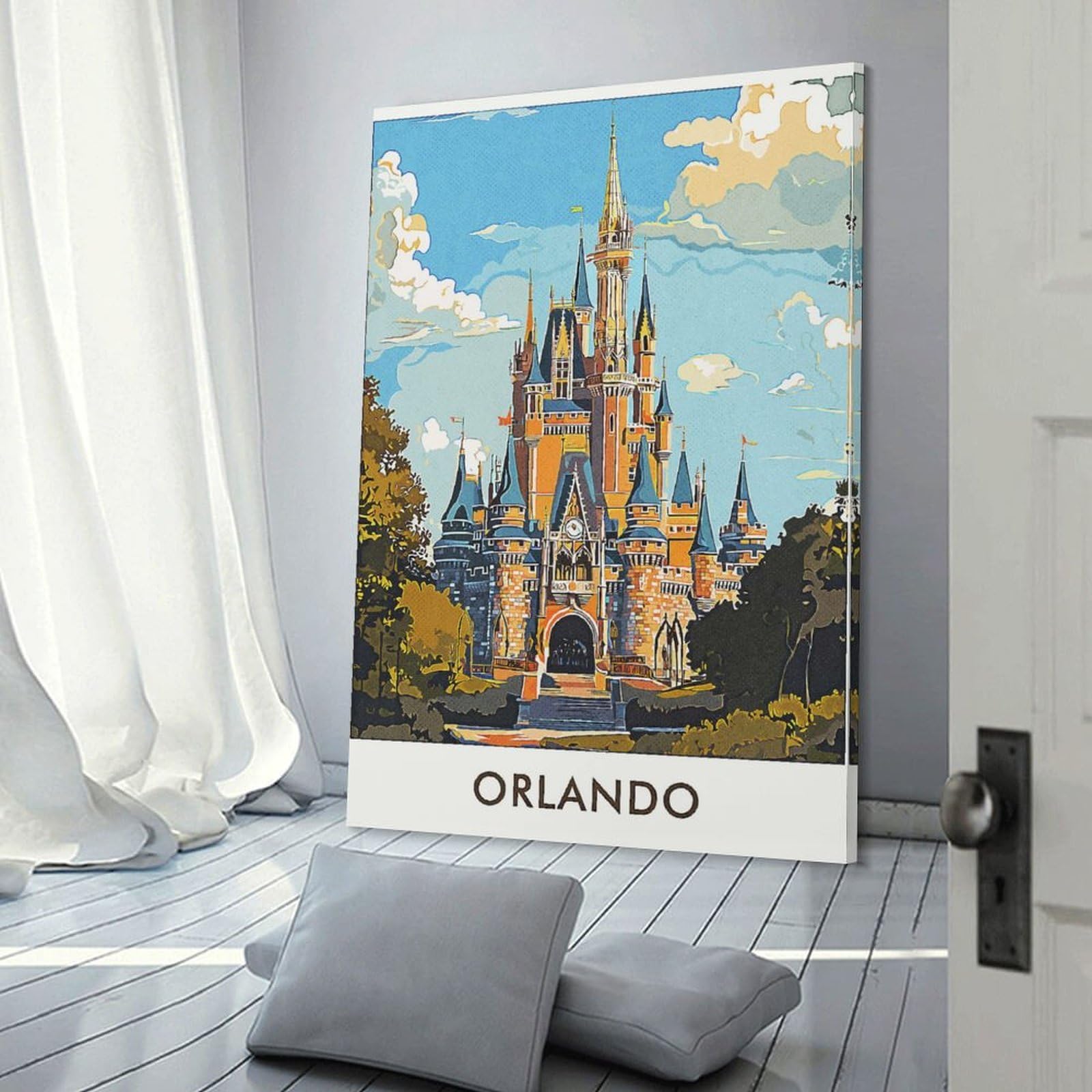 Junmoney Frame-Style-5 Orlando Castle Illustration Canvas Wall Picture, 24X36inch(60X90cm), For Entrance Spaces, Stair Walls Or Halls, A Stylish Accent For Home Entrances