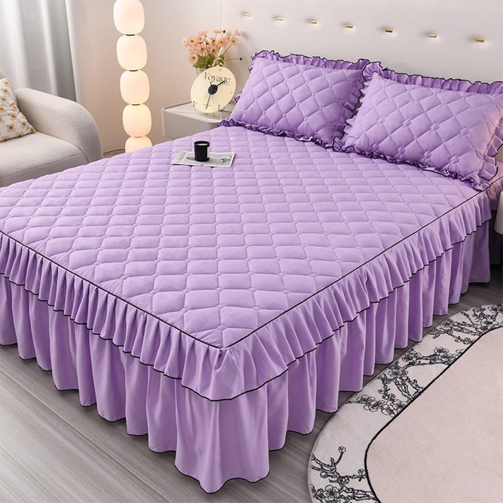Jupe de lit 180x200cm violet uni en polyester avec dentelle élégante Beydodo