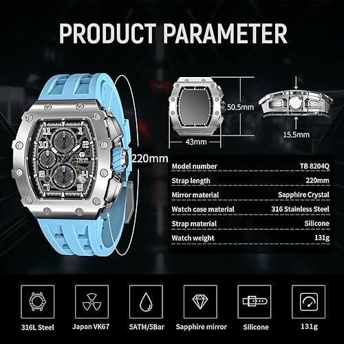 Miniatura 8 de TSAR BOMBA Relojes para hombre, reloj cuadrado de lujo para hombre, cronógrafo, 164.0 ft, resistente al agua, cristal de zafiro, movimiento de