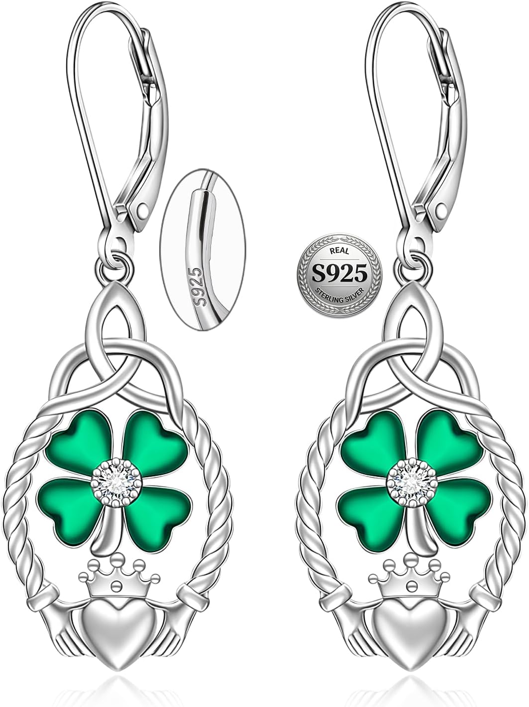 St Patricks Day Earrings Shamrock Earrings for Women Sterling Silver Four Leaf Clover Celtic Claddagh Green Irish Shamrock Dangle 4 Leaf Clover Jewelry Lucky Gifts