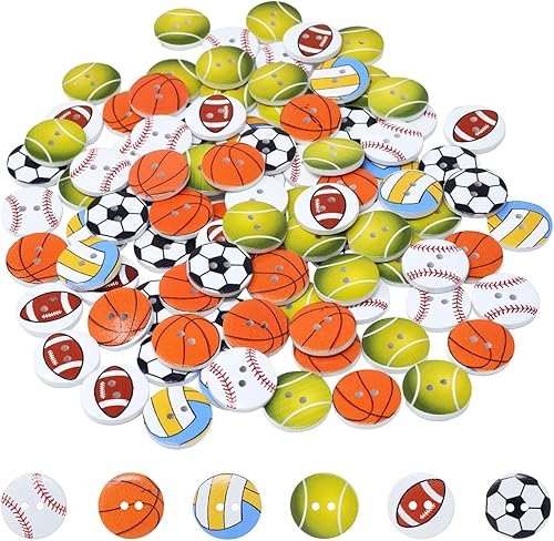 Honbay 100 botones deportivos de madera, 2 agujeros, botones redondos de costura, botones decorativos de bola deportiva para ropa, álbumes de
