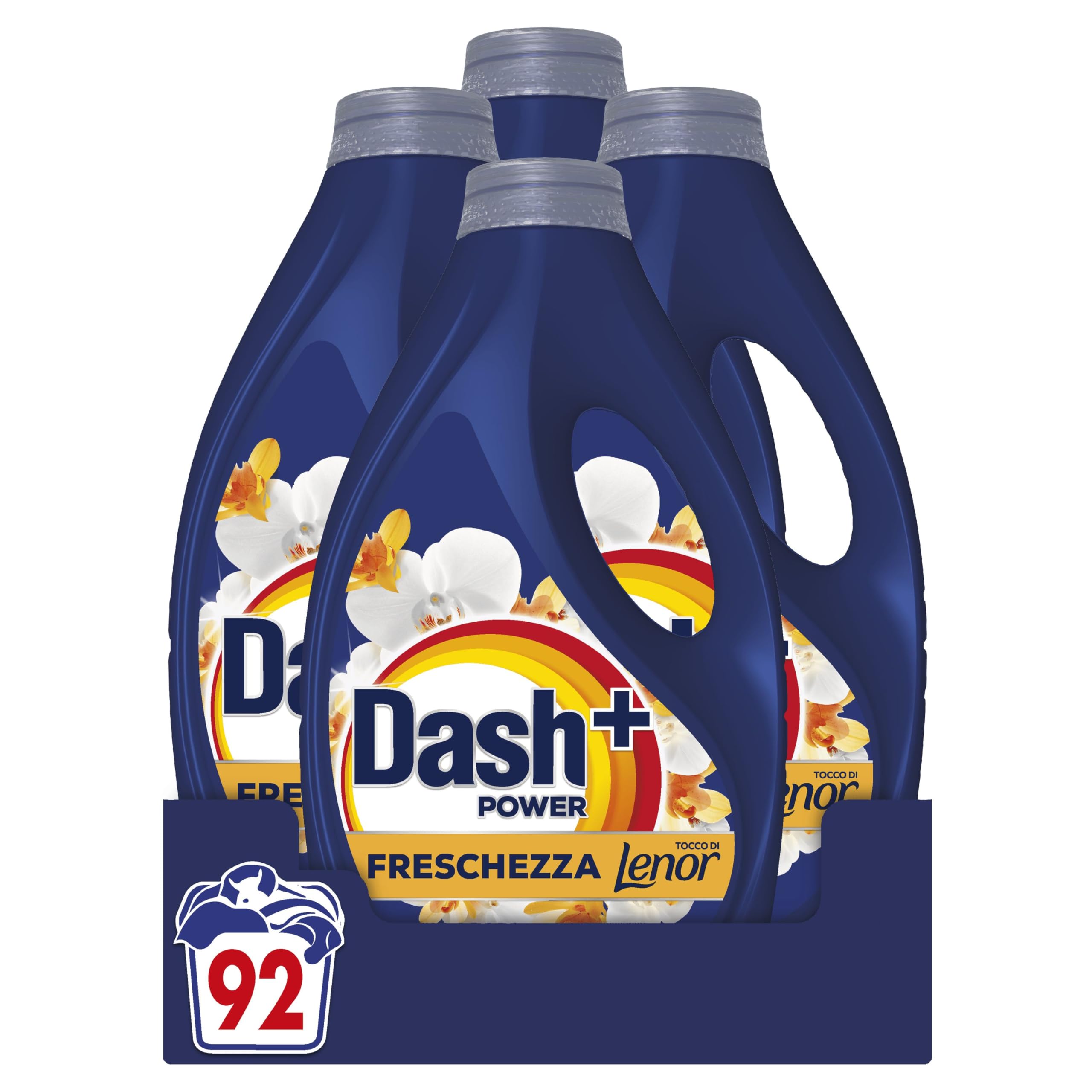 Dash Power Detersivo Liquido Lavatrice, 92 Lavaggi (4x23), Freschezza Di Lenor, Oro e Fiori di Vaniglia, Freschezza che dura 7 Giorni, Pulizia Impeccabile