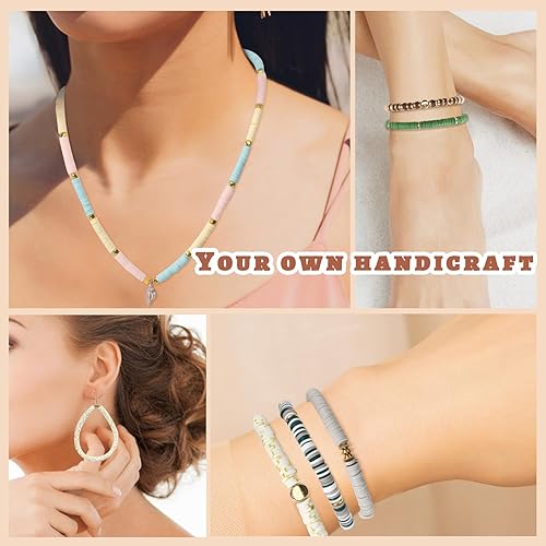 Miniatura 5 de Augshy 4200 cuentas de arcilla de colores retro, de vinilo, Heishi, planas, redondas, espaciadores de polímero para hacer joyas, collares, pulseras
