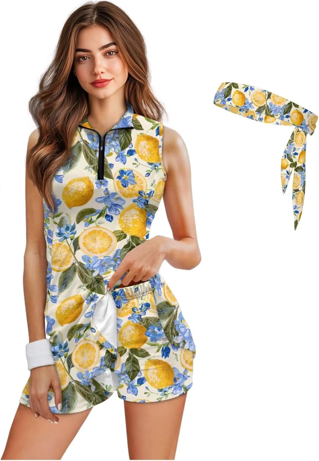 Women's Golf Tennis Dress with Shorts Pockets Sports Hairband 3 Pieces Sleeveless Athletic Zipper Outfit XS-2XL