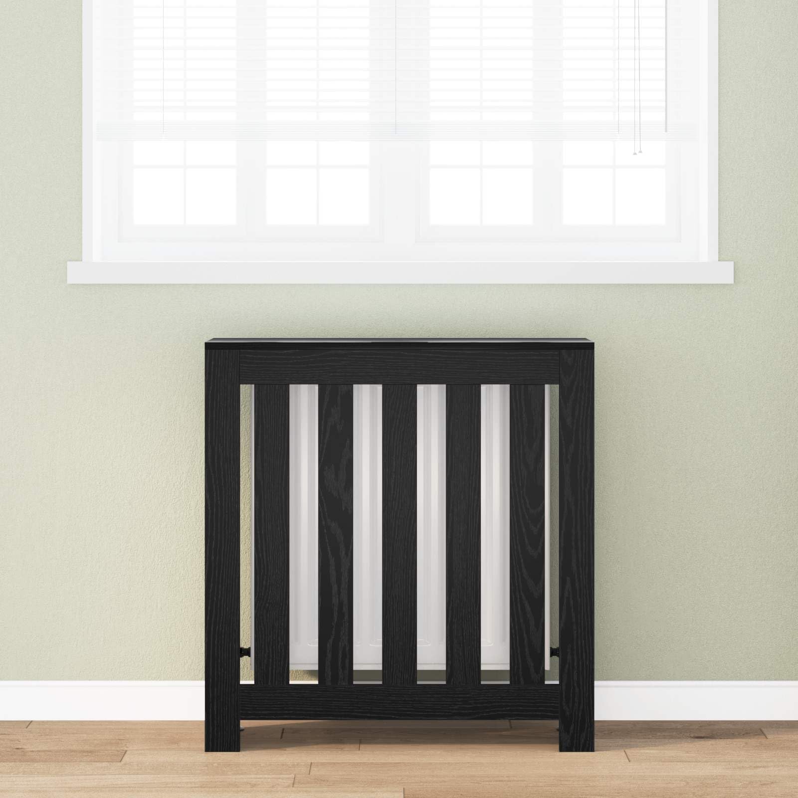 Heizkörperabdeckung schwarz Eichen-Optik aus Holzwerkstoff, 78 x 20 x 82 cm, mit oberem Regal und vertikalen Latten, für Wohnzimmer, Innenbereich und sichere Raumgestaltung