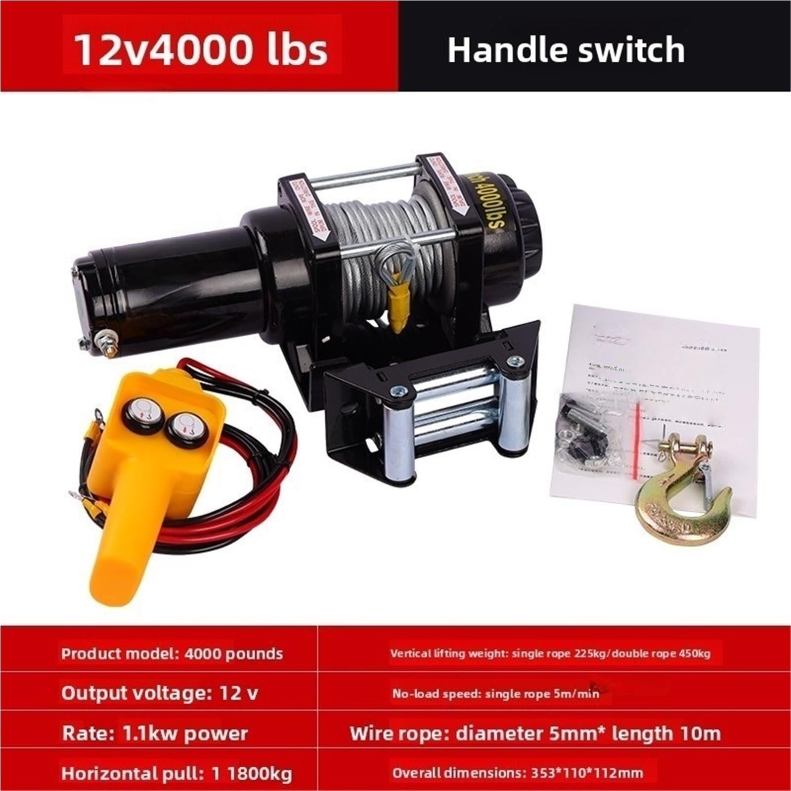 Verricelli Elettrici 12V Per Soccorso Fuoristrada Verricello Per Auto Paranchi 24V Paranco Gru Montata Su Veicolo Verricello elettrico(4000 pounds 12v A)